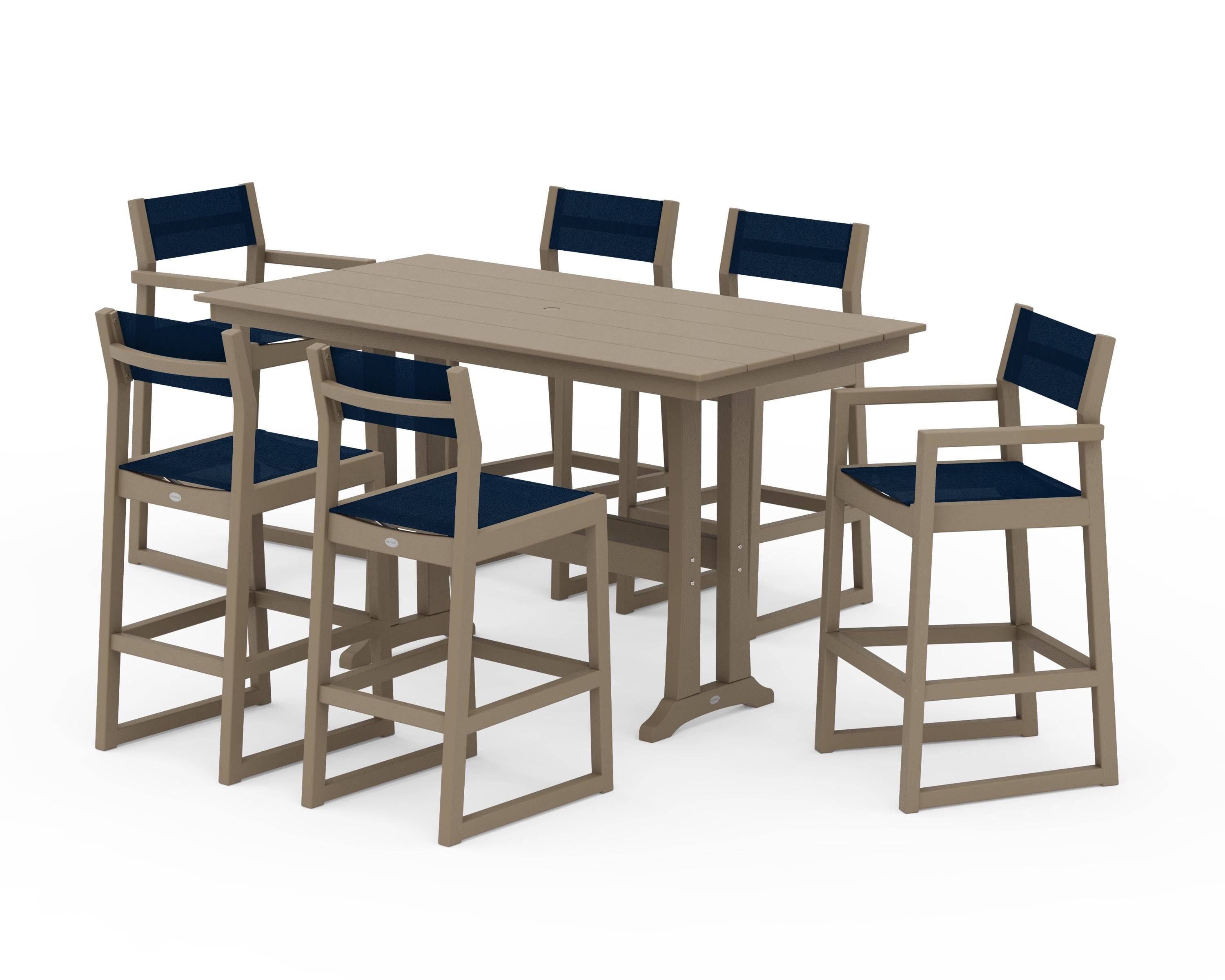 POLYWOOD EDGE Sling 7-Piece Farmhouse Bar Set with Trestle Legs in Vintage Sahara / Navy Blue Sling