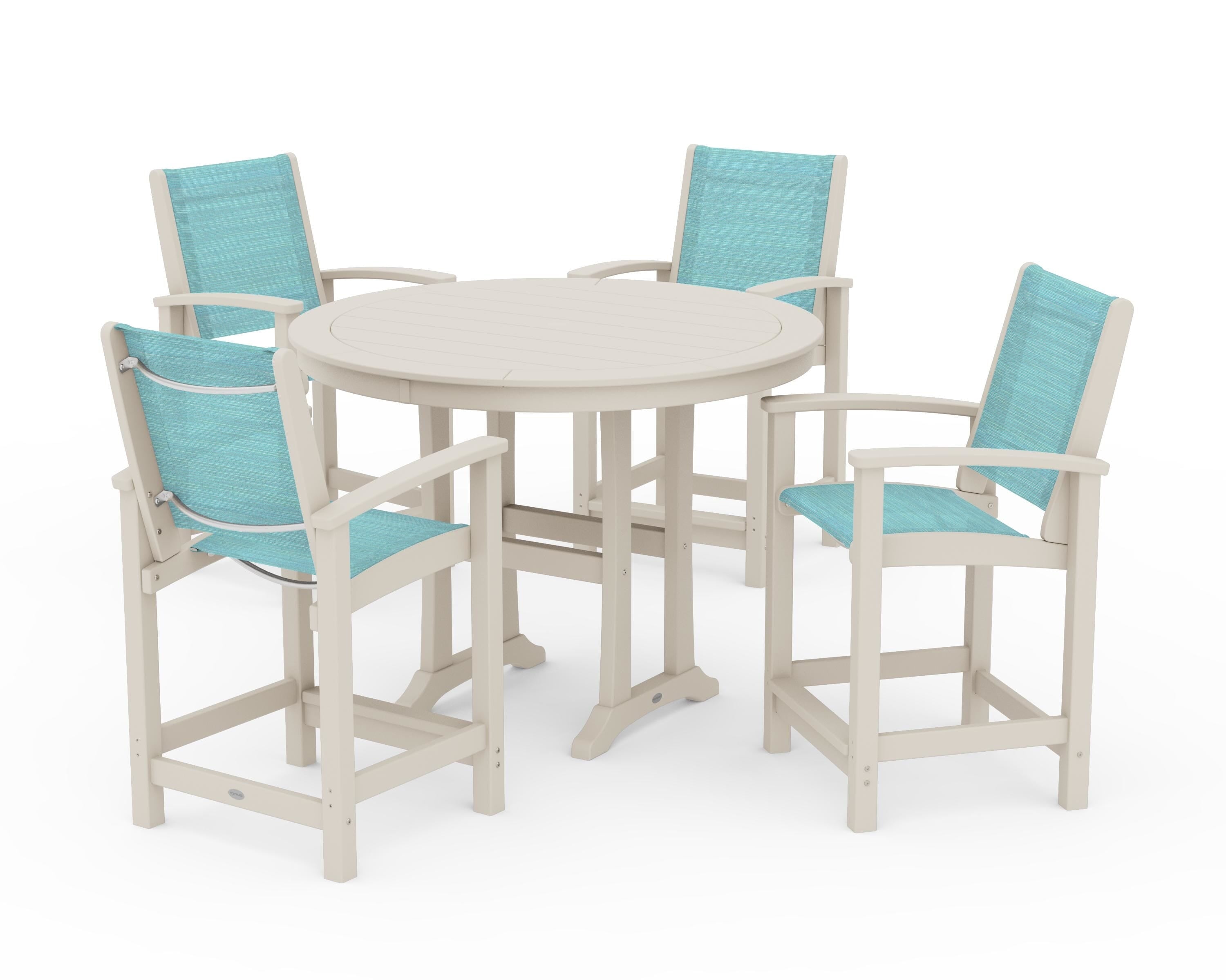 POLYWOOD Coastal 5-Piece Counter Set in Sand / Dupioni Aquamarine Sling