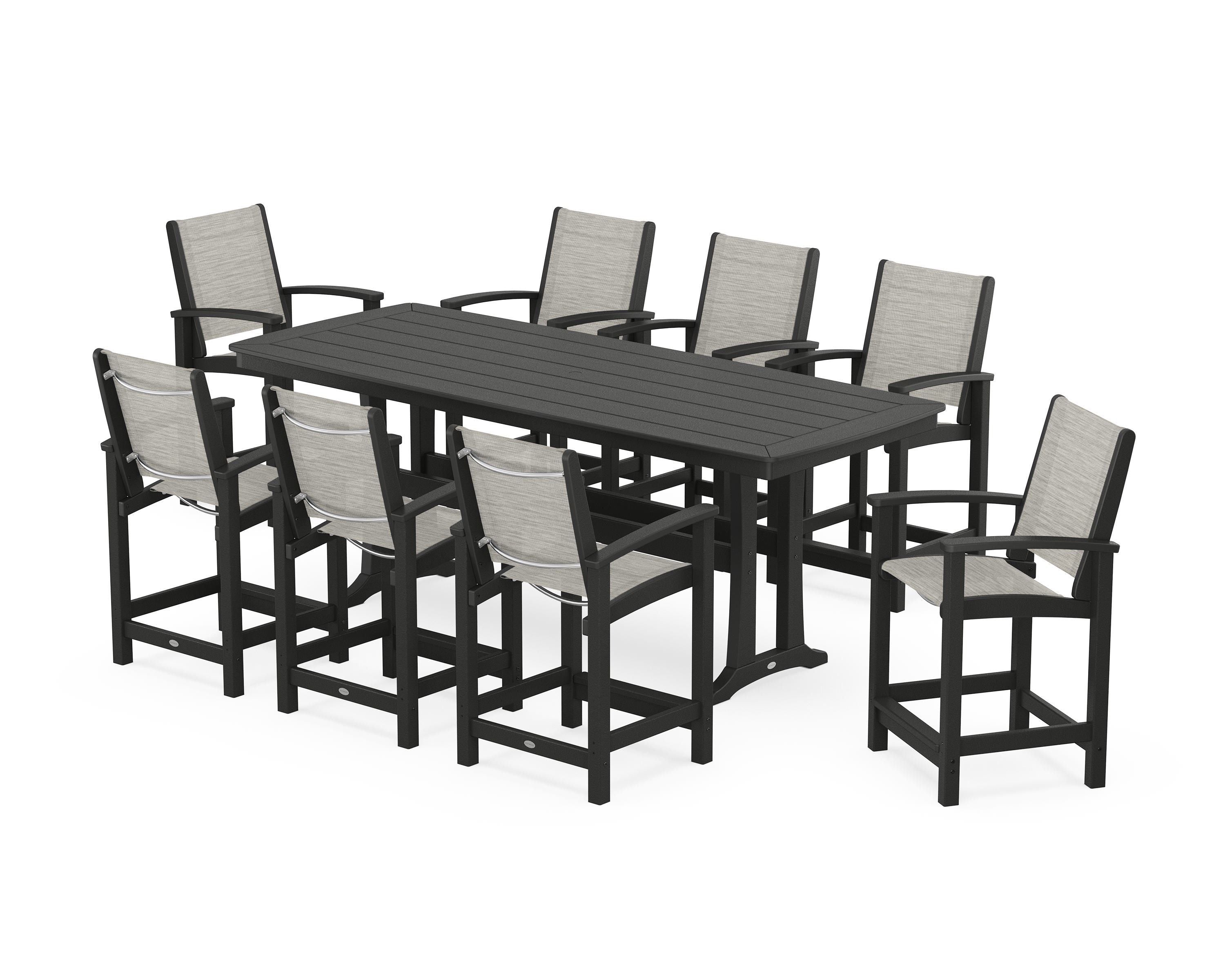 POLYWOOD Coastal 9-Piece Counter Set with Trestle Legs in Black / Birch Sling