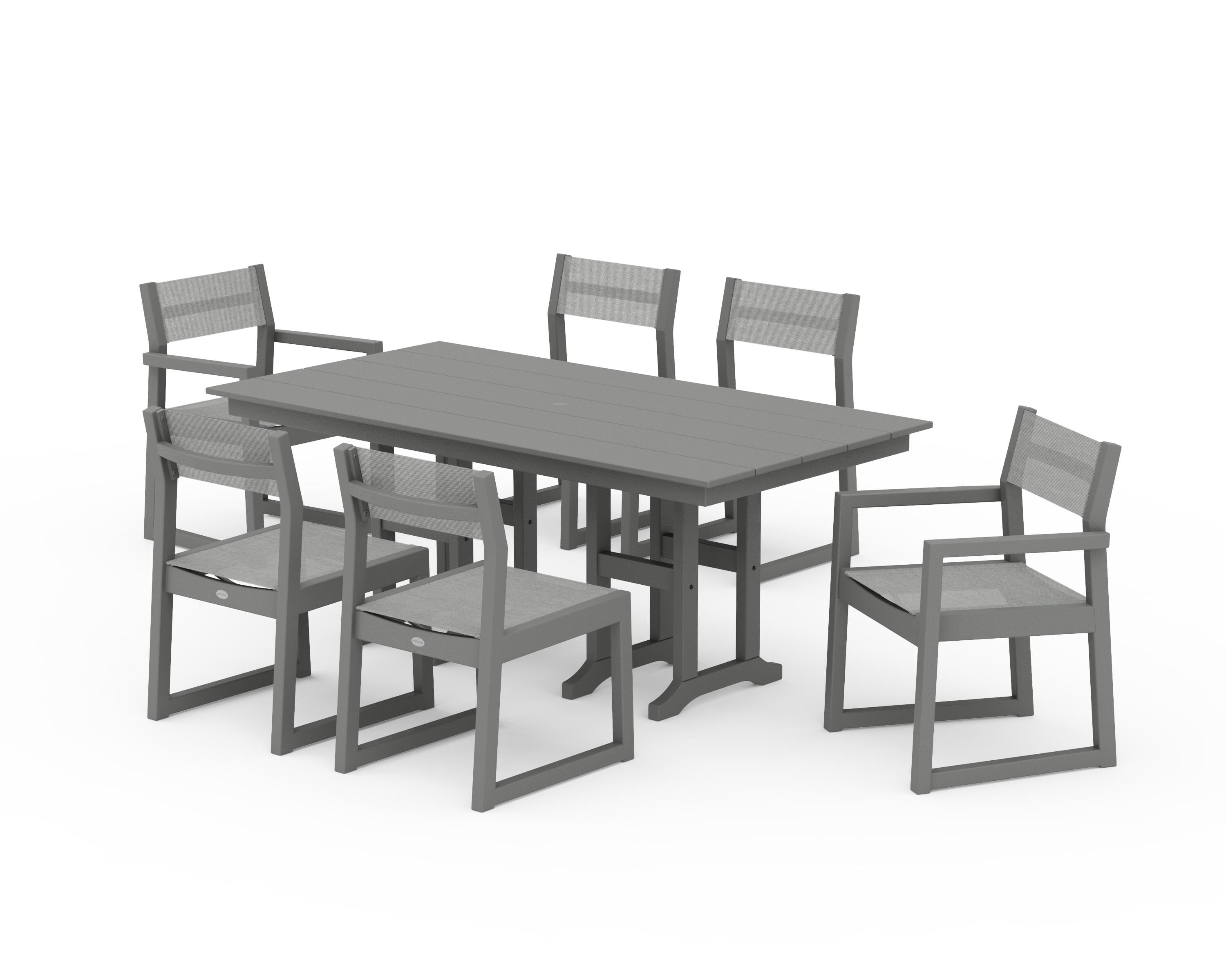 POLYWOOD EDGE Sling 7-Piece Farmhouse Dining Set in Slate Grey / Metallic Sling