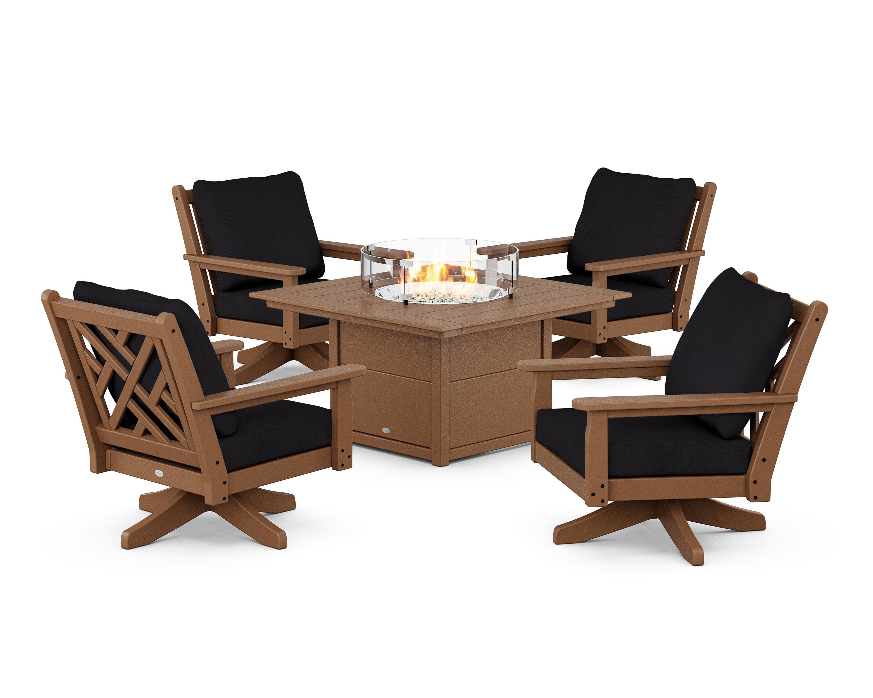 POLYWOOD Chippendale 5-Piece Deep Seating Swivel Conversation Set with Fire Pit Table in Teak / Midnight Linen