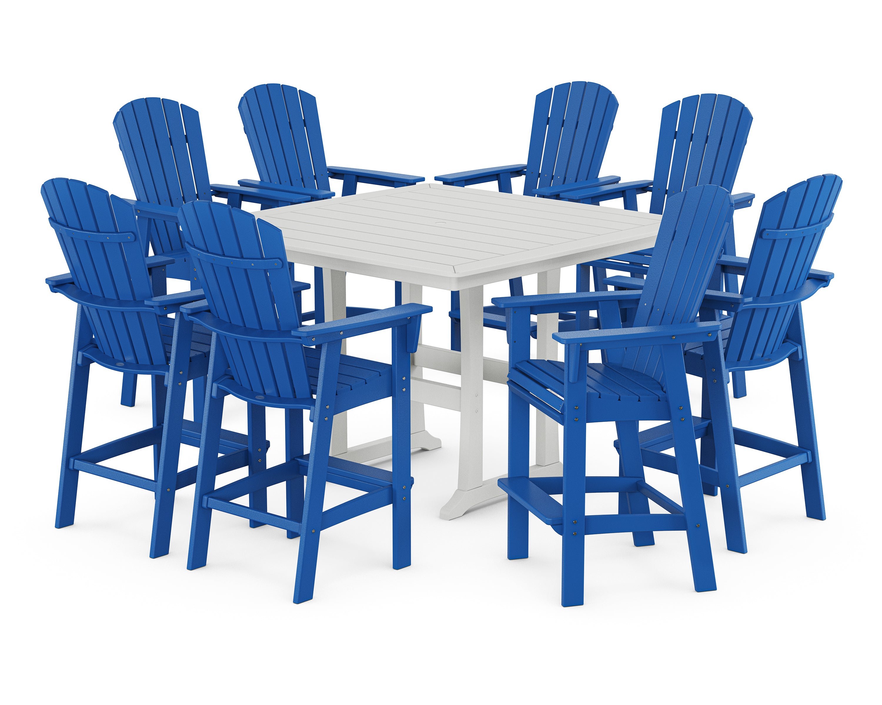 POLYWOOD® Nautical Curveback Adirondack 9-Piece Trestle Bar Set in Pacific Blue / White
