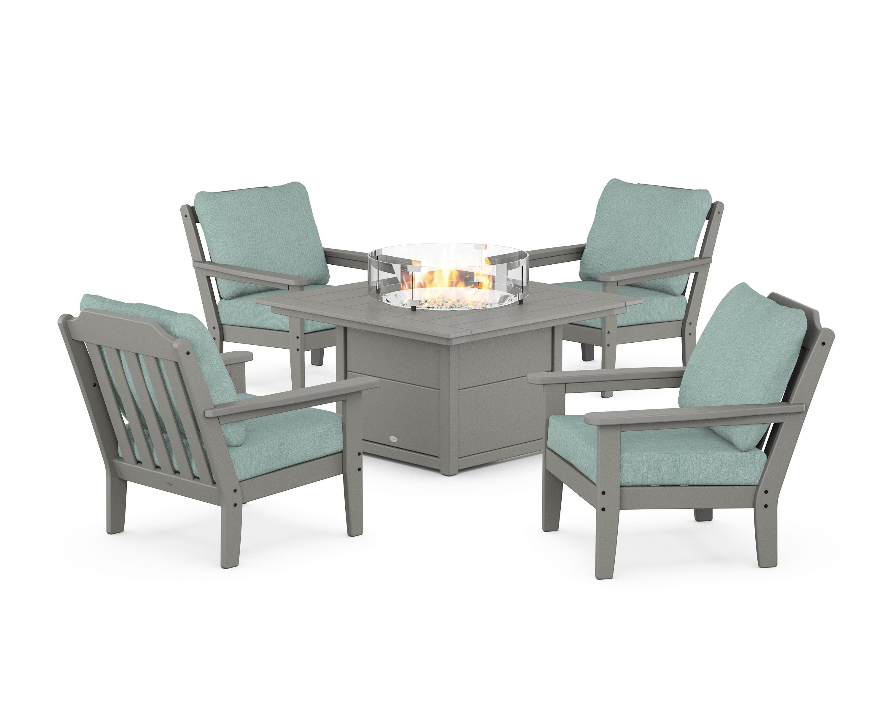 Country Living Cottage 5-Piece Deep Seating Set with Fire Pit Table in Slate Grey / Glacier Spa