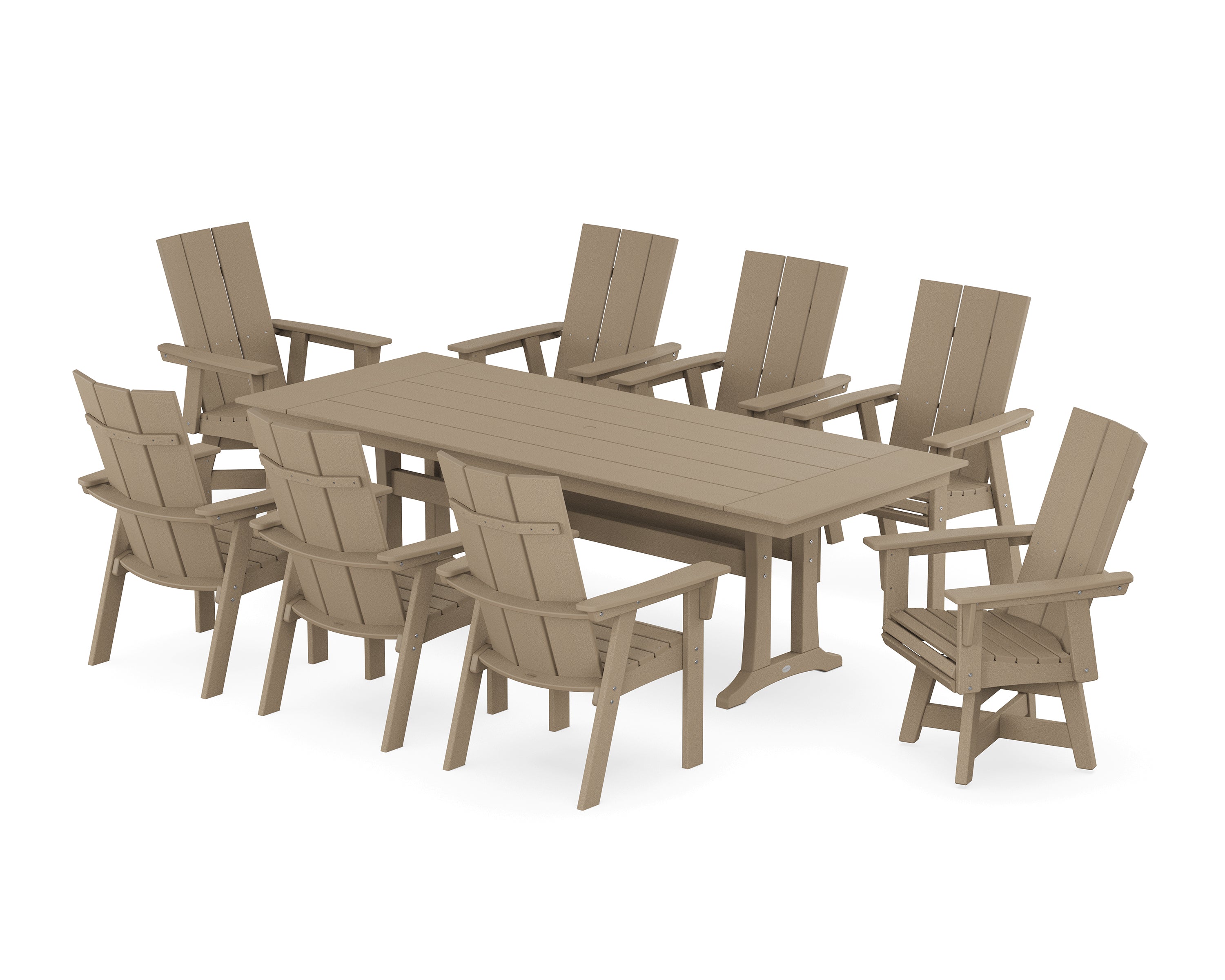 POLYWOOD® Modern Curveback Adirondack Swivel 9-Piece Farmhouse Dining Set with Trestle Legs in Vintage Sahara