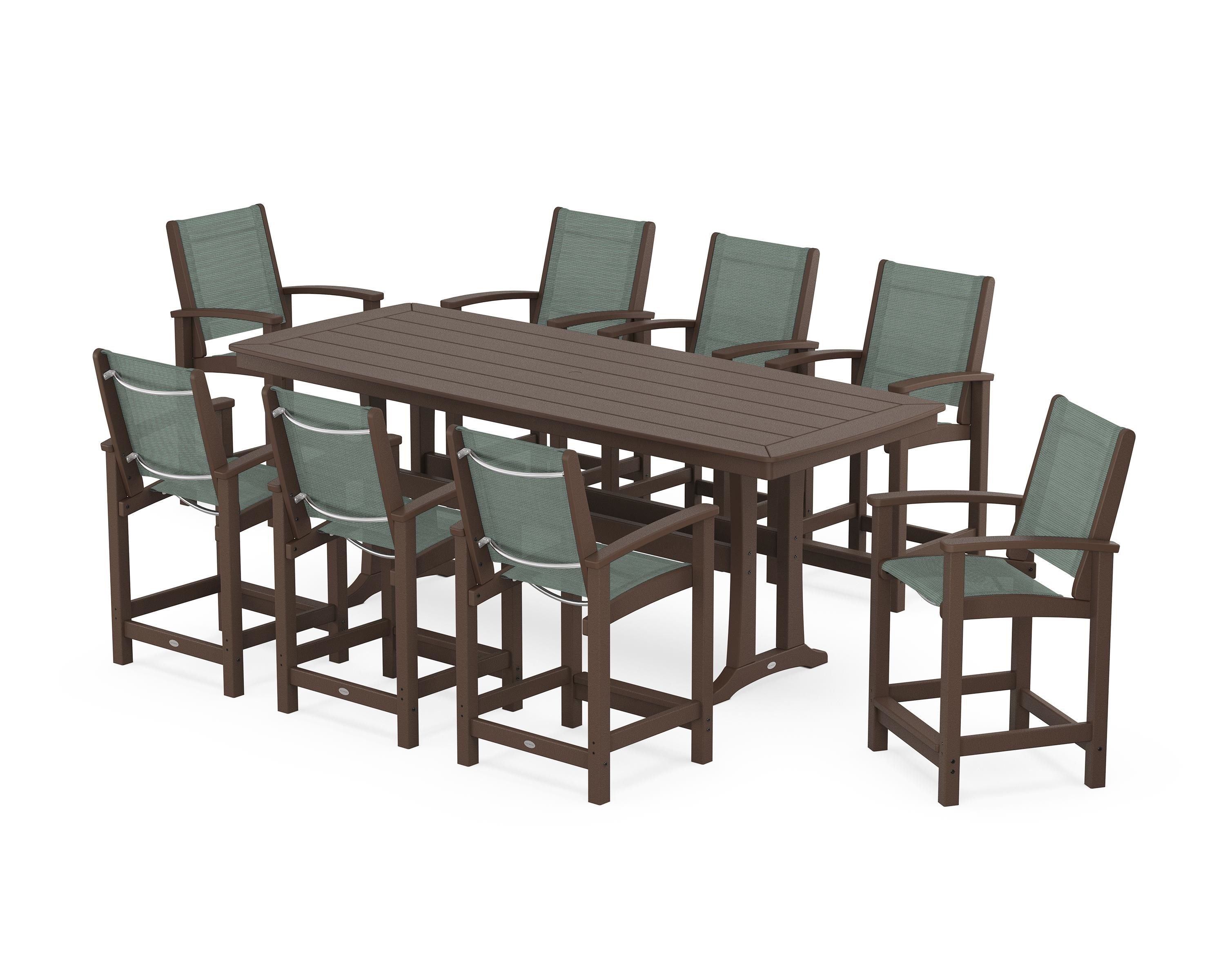 POLYWOOD Coastal 9-Piece Counter Set with Trestle Legs in Mahogany / Dupioni Sea Mist Sling