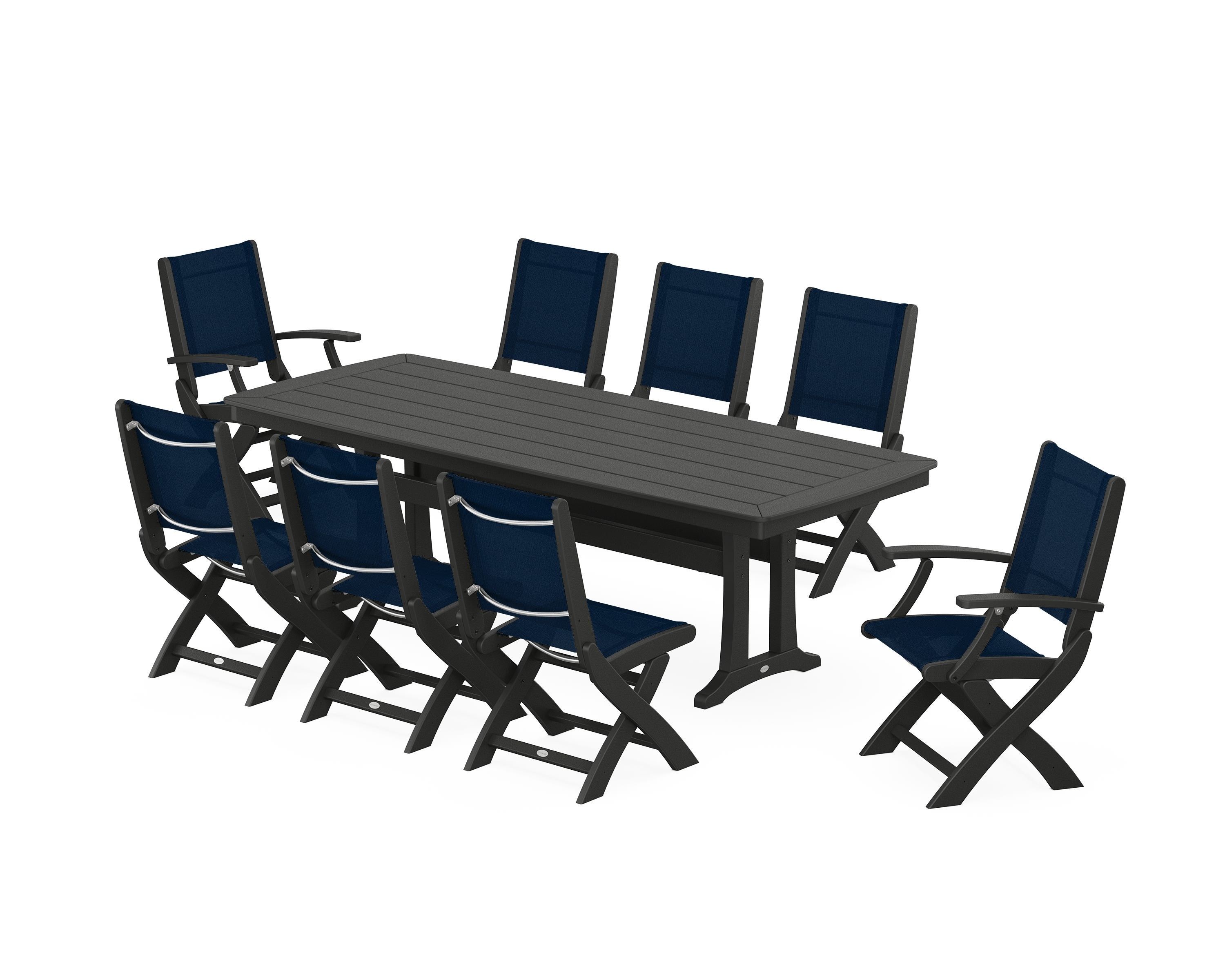 POLYWOOD Coastal Folding 9-Piece Dining Set with Trestle Legs in Black / Navy Blue Sling