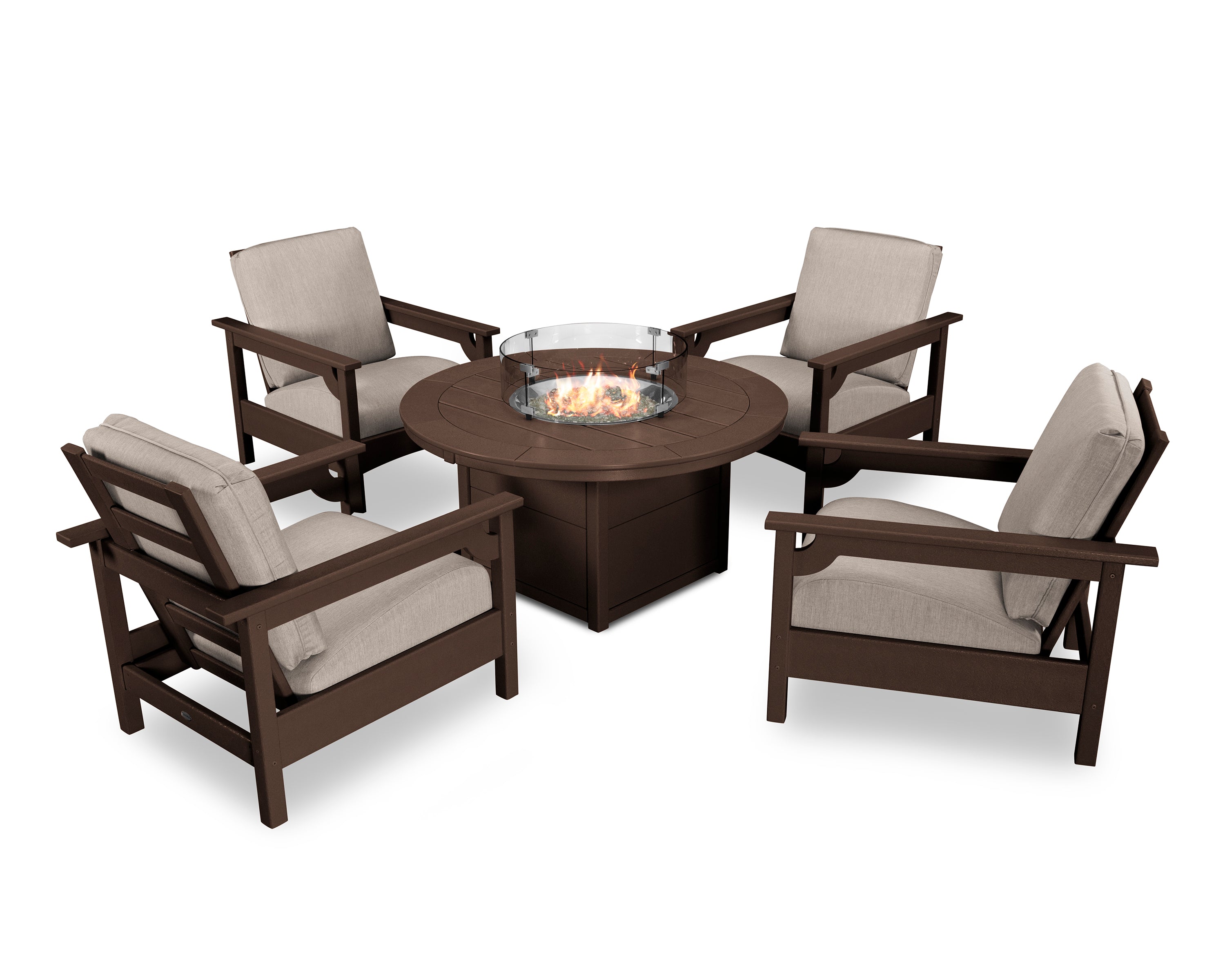 POLYWOOD Club 5-Piece Conversation Set with Fire Pit Table in Mahogany / Cast Ash