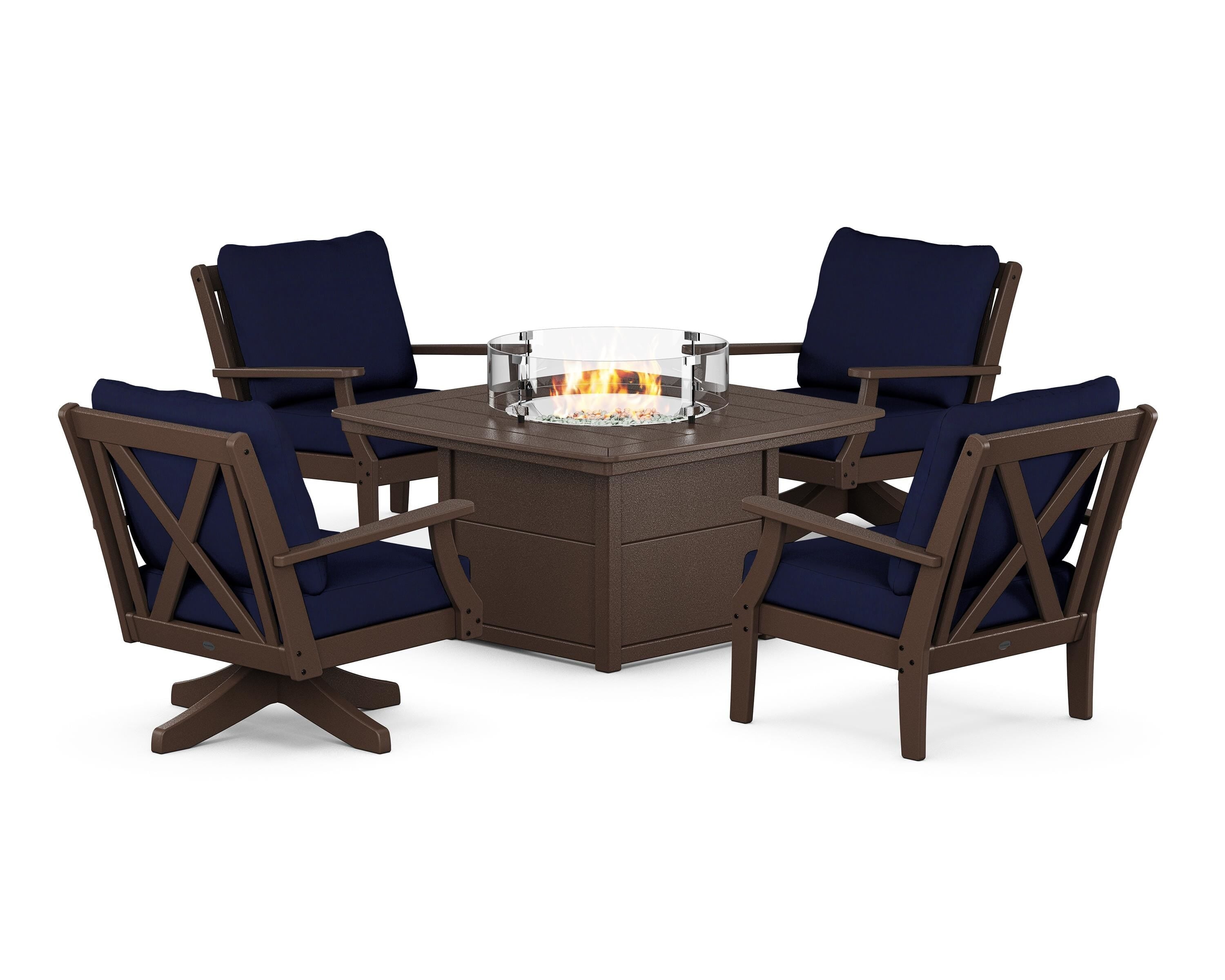 POLYWOOD Braxton 5-Piece Deep Seating Set with Fire Table in Mahogany / Navy