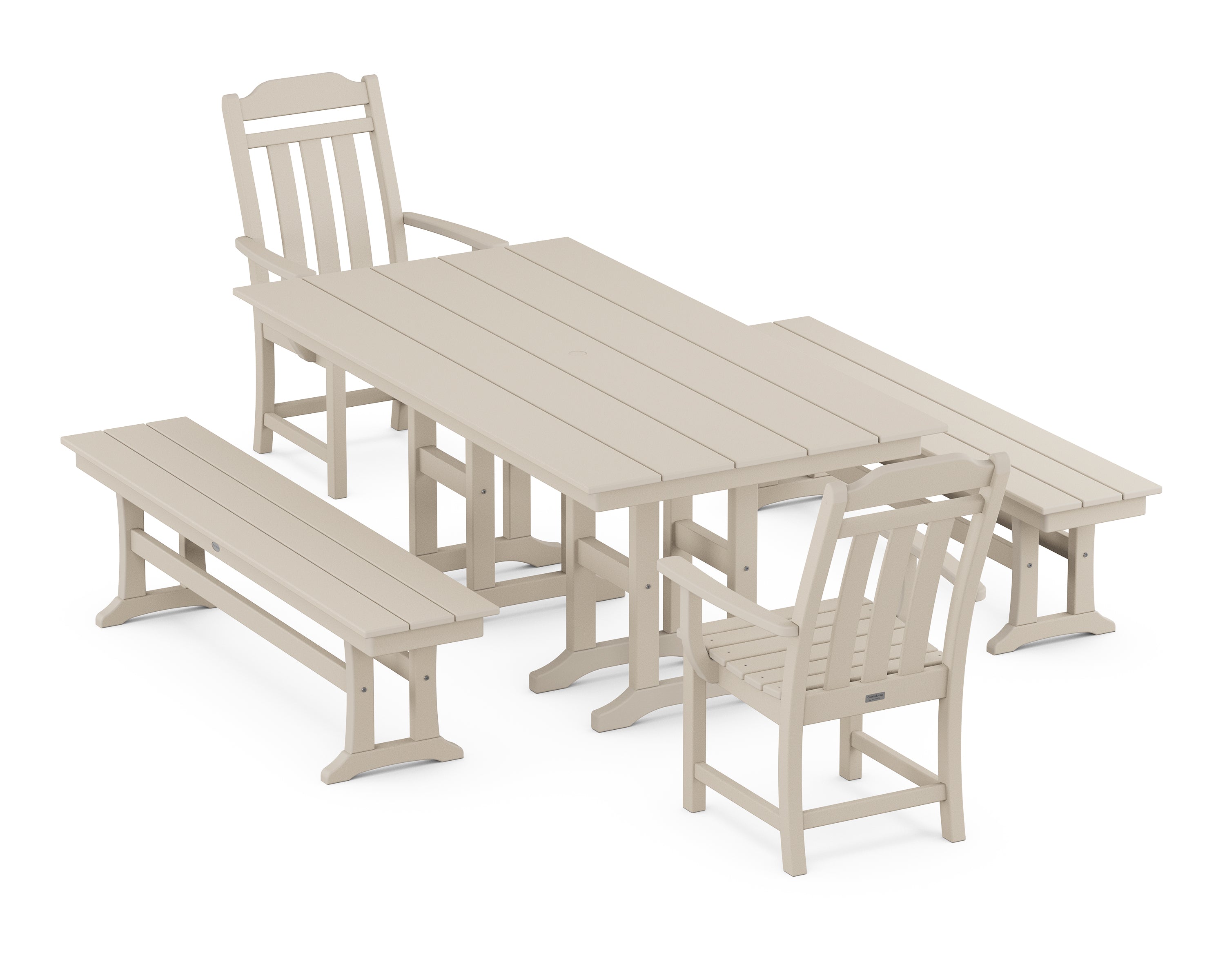 Polywood Country Living 5-Piece Farmhouse Dining Set with Benches in Sand