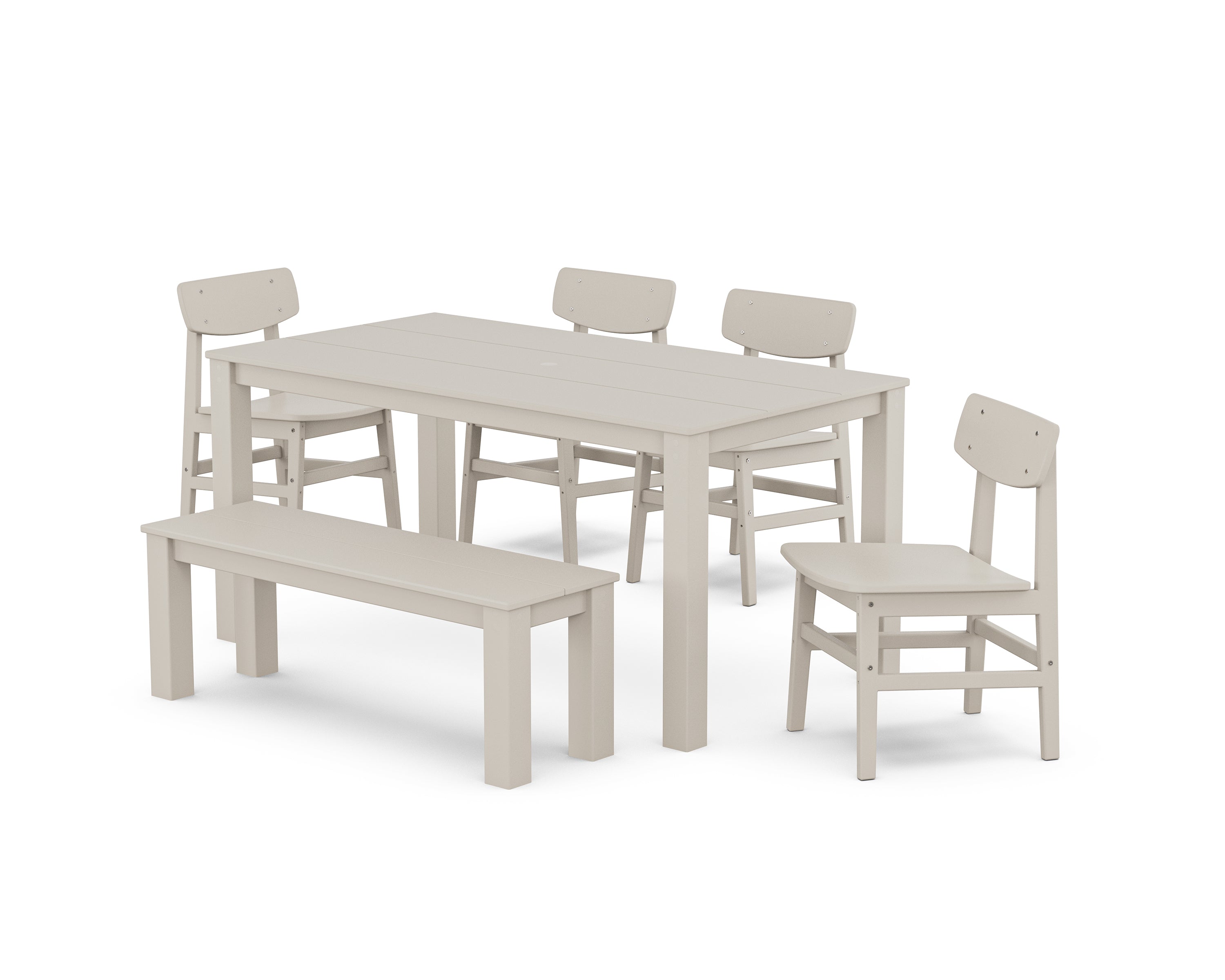 POLYWOOD® Modern Studio Urban Chair 6-Piece Parsons Dining Set with Bench in Sand