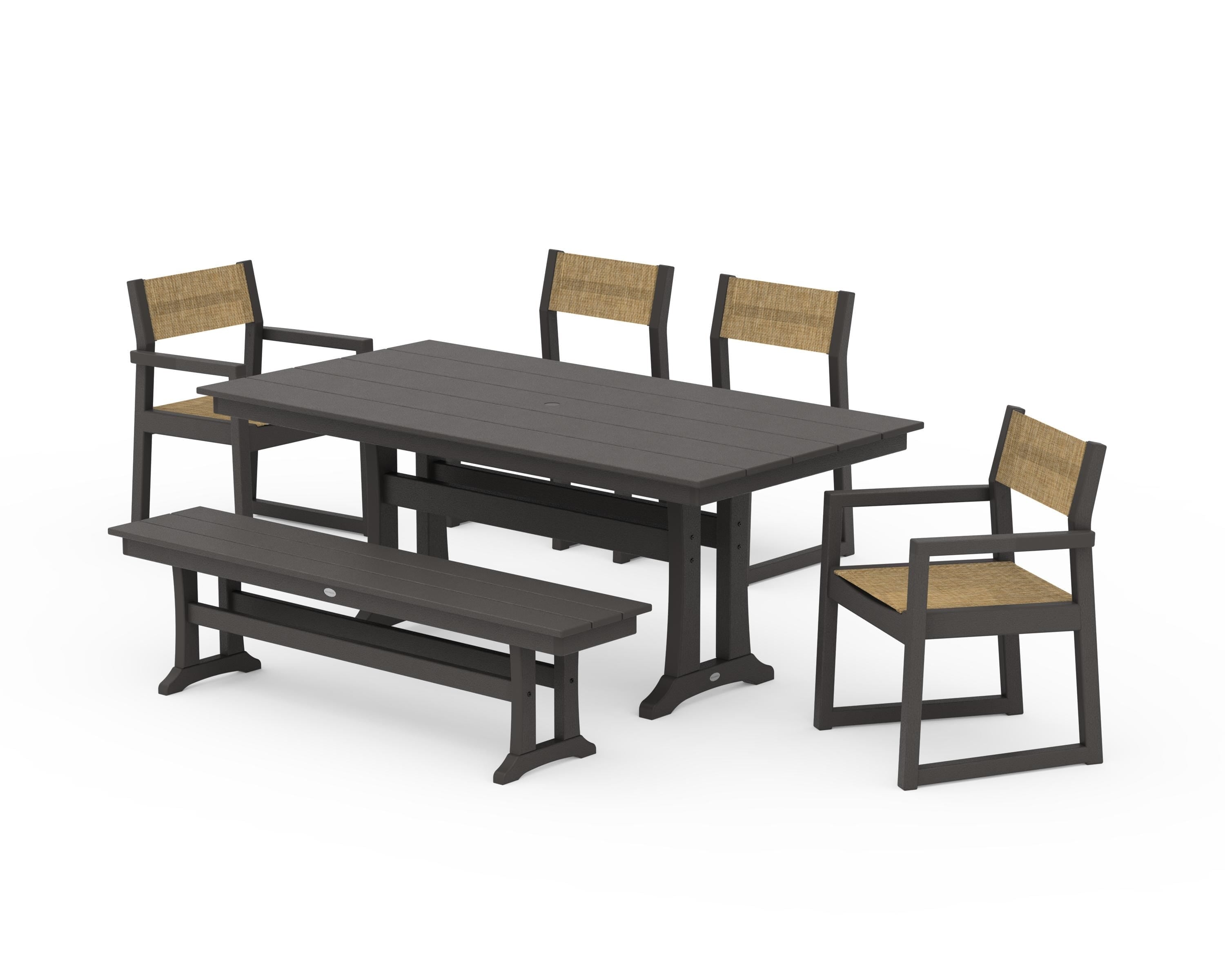 POLYWOOD EDGE Sling 6-Piece Farmhouse Dining Set With Trestle Legs in Vintage Coffee / Burlap Sling