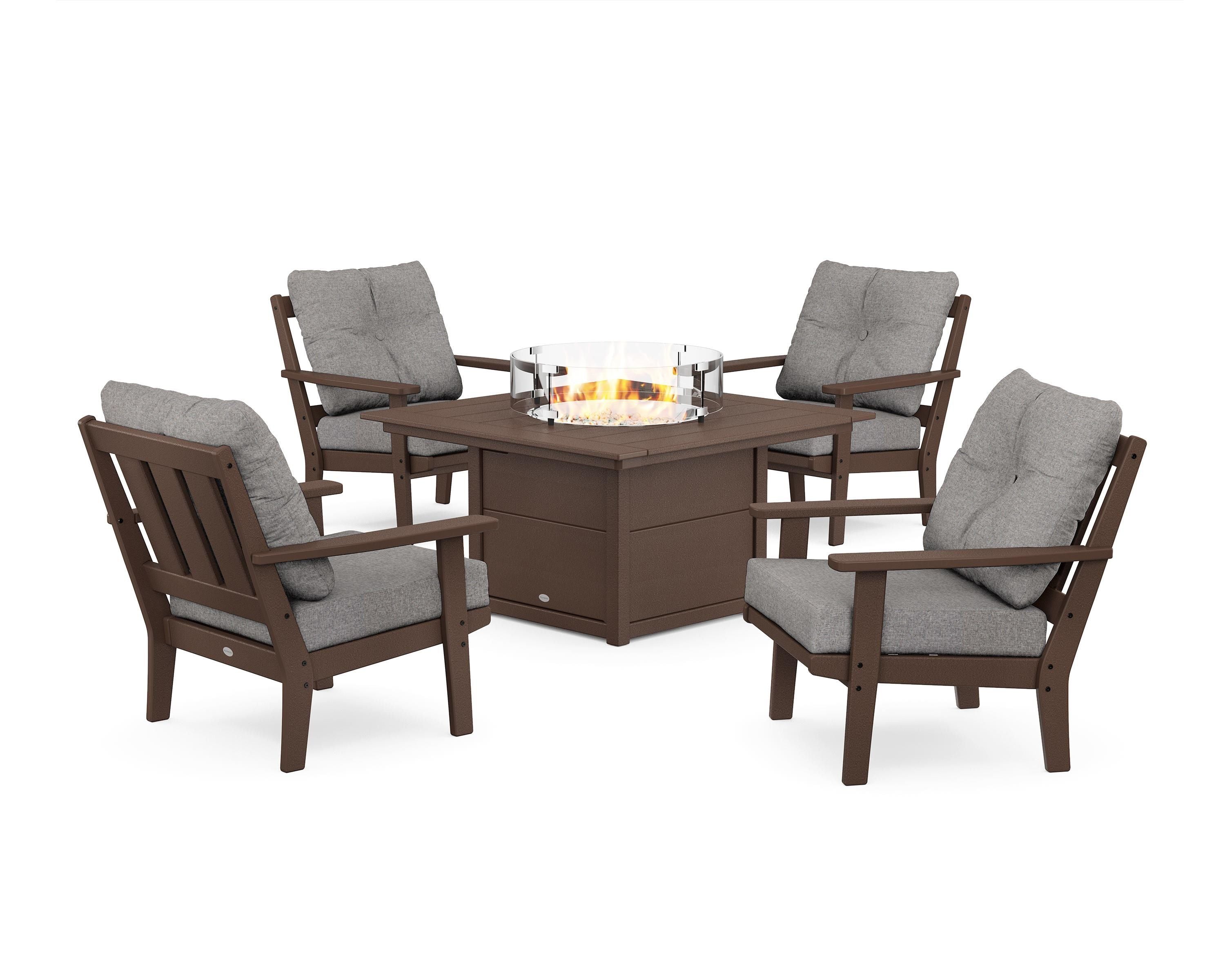 POLYWOOD Oxford 5-Piece Deep Seating Set with Fire Pit Table in Mahogany / Grey Mist