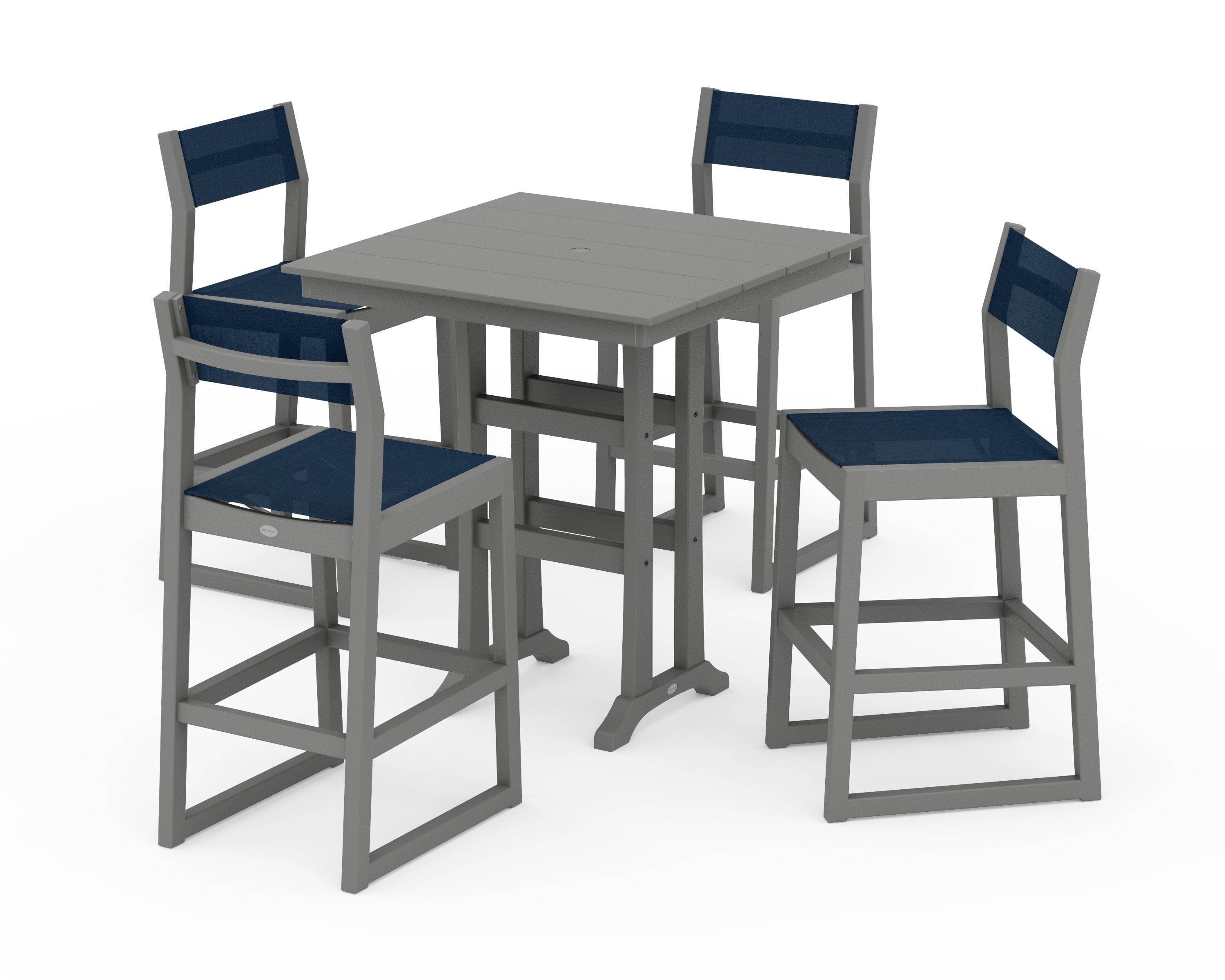 POLYWOOD EDGE Sling Arm Chair 5-Piece Farmhouse Bar Set with Trestle Legs in Slate Grey / Navy Blue Sling
