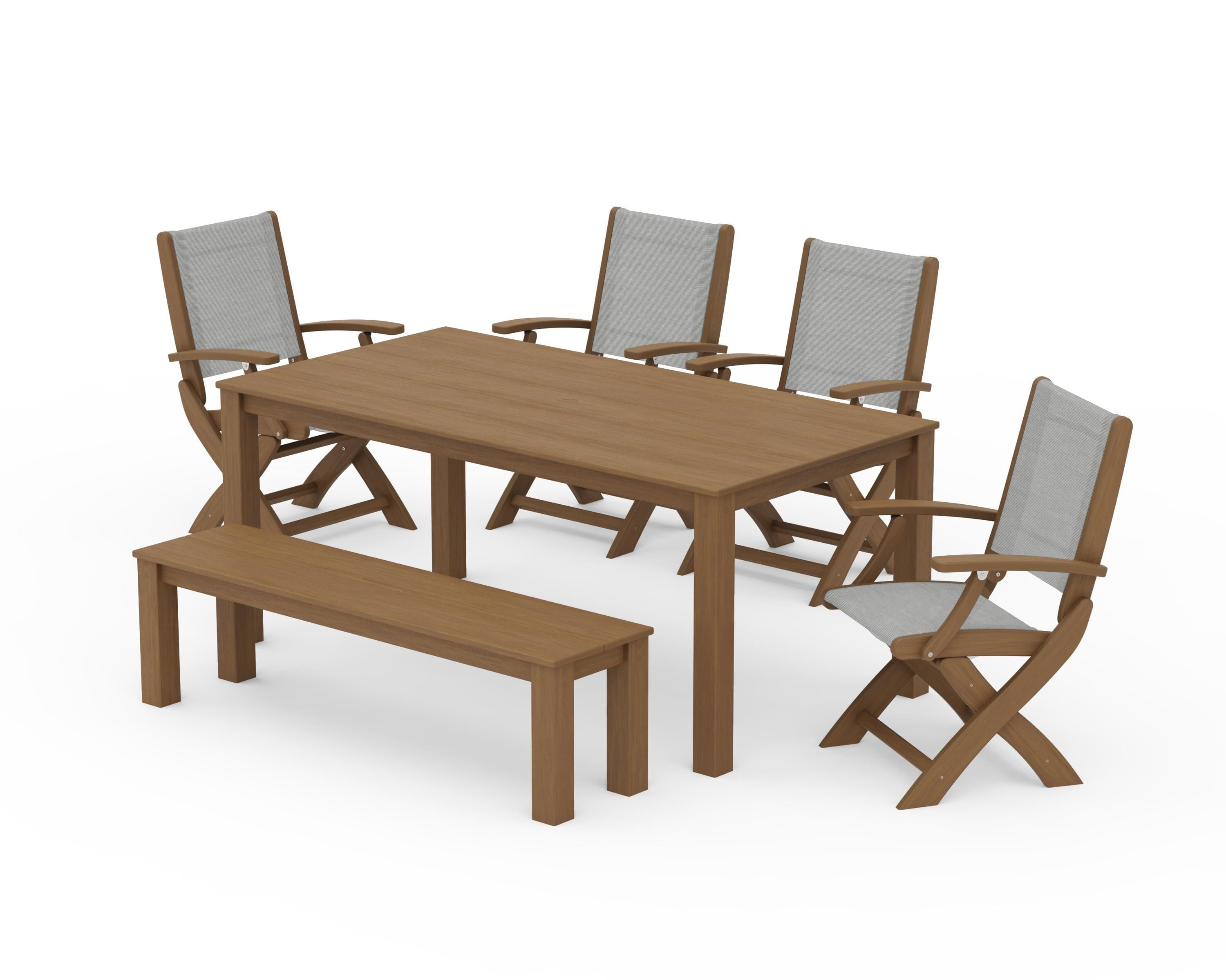 POLYWOOD Coastal Folding Chair 6-Piece Parsons Dining Set with Bench in Natural / Metallic Sling