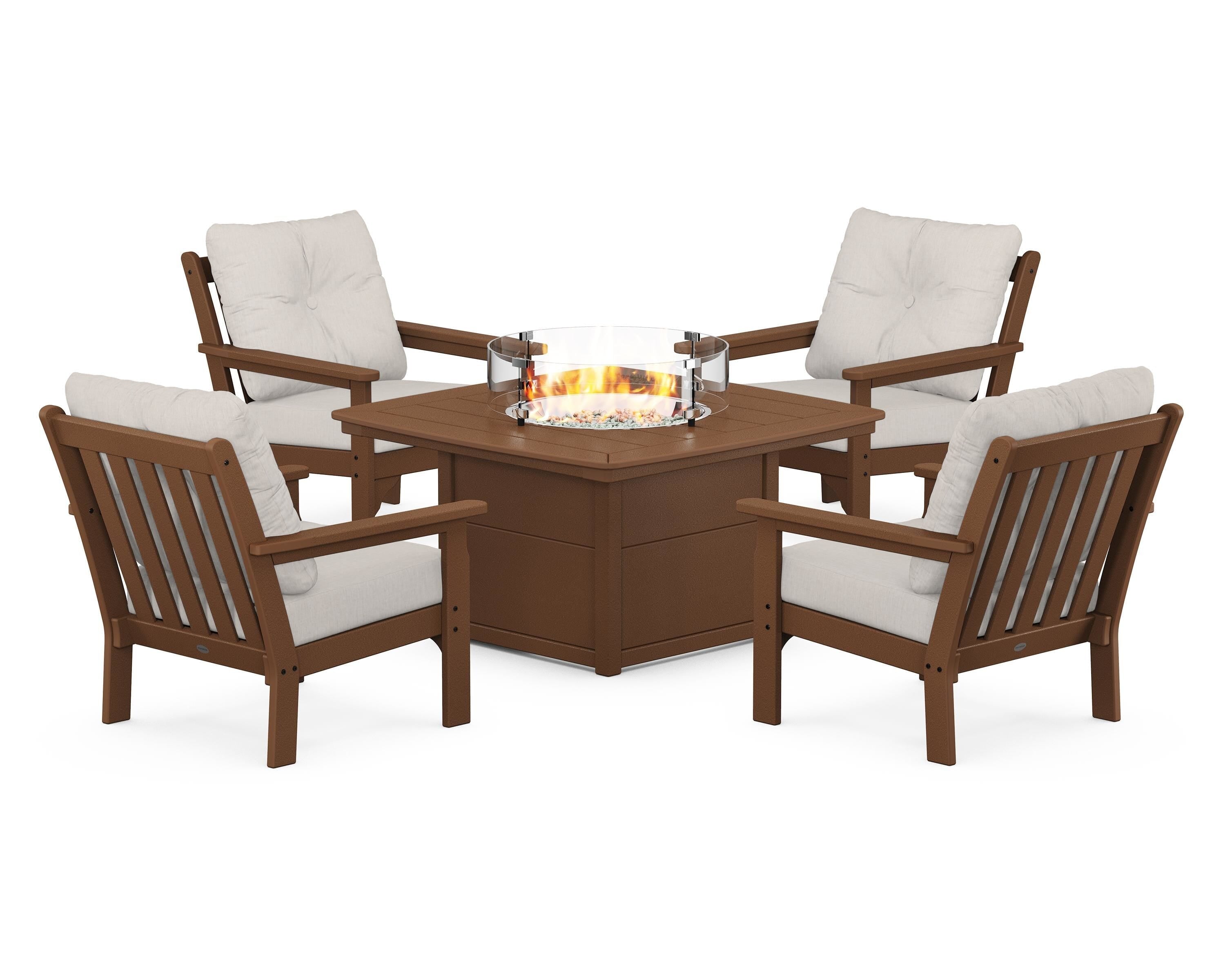 POLYWOOD Vineyard 5-Piece Conversation Set with Fire Pit Table in Teak / Cast Ash