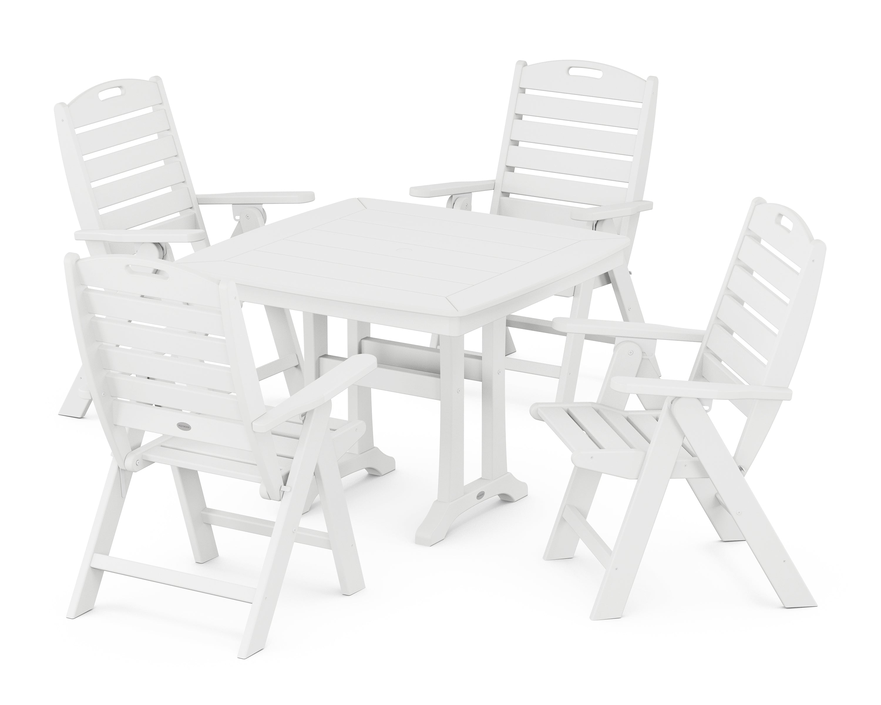 POLYWOOD Nautical Folding Highback Chair 5-Piece Dining Set with Trestle Legs in White
