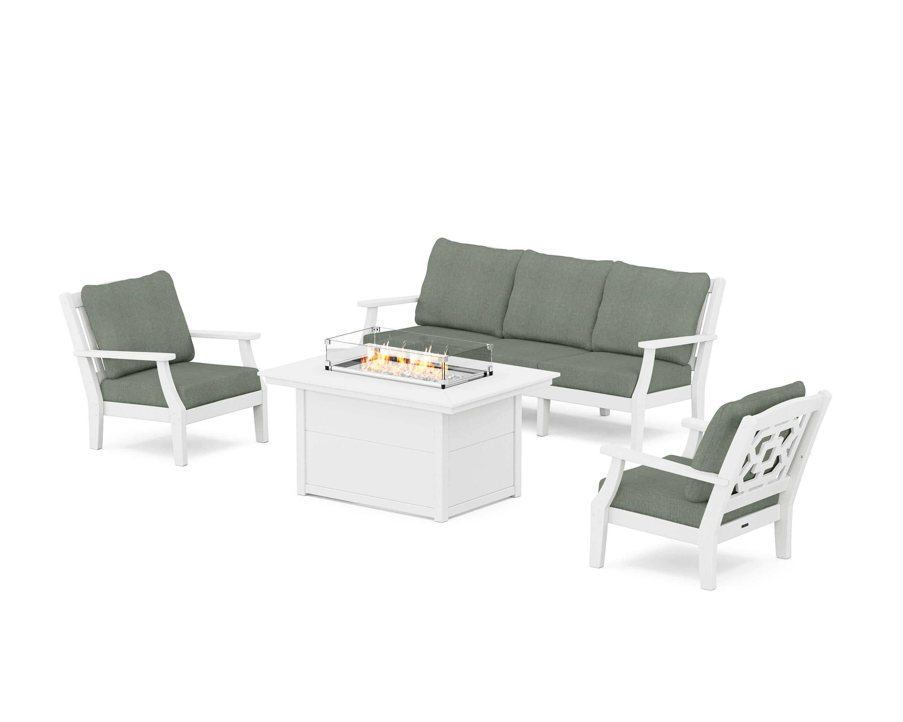 Martha Stewart by POLYWOOD Chinoiserie Deep Seating Fire Pit Table Set in White / Cast Sage