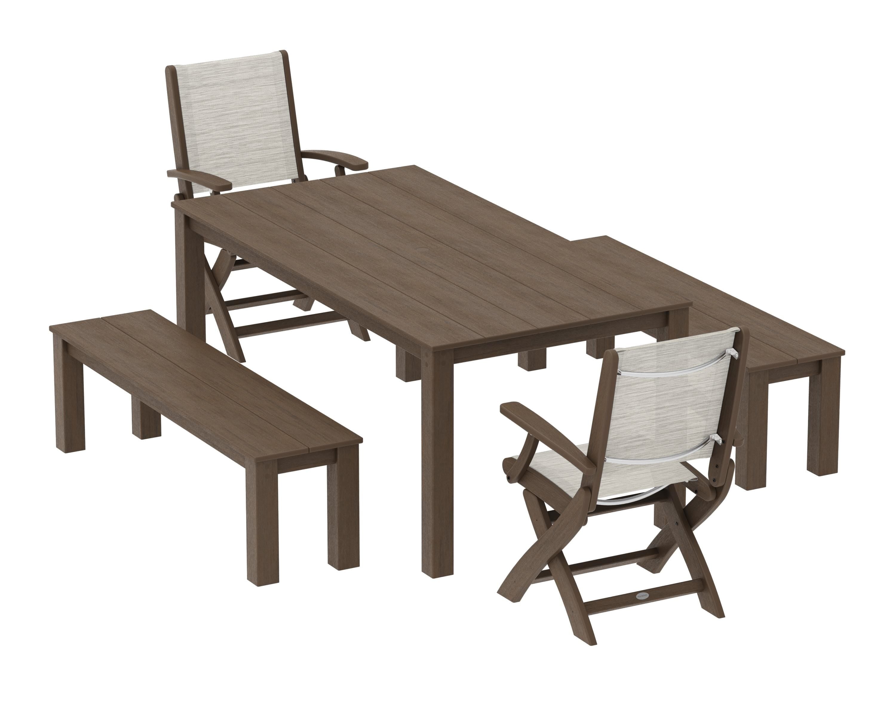 POLYWOOD Coastal Folding Chair 5-Piece Parsons Dining Set with Benches in Kona / Birch Sling