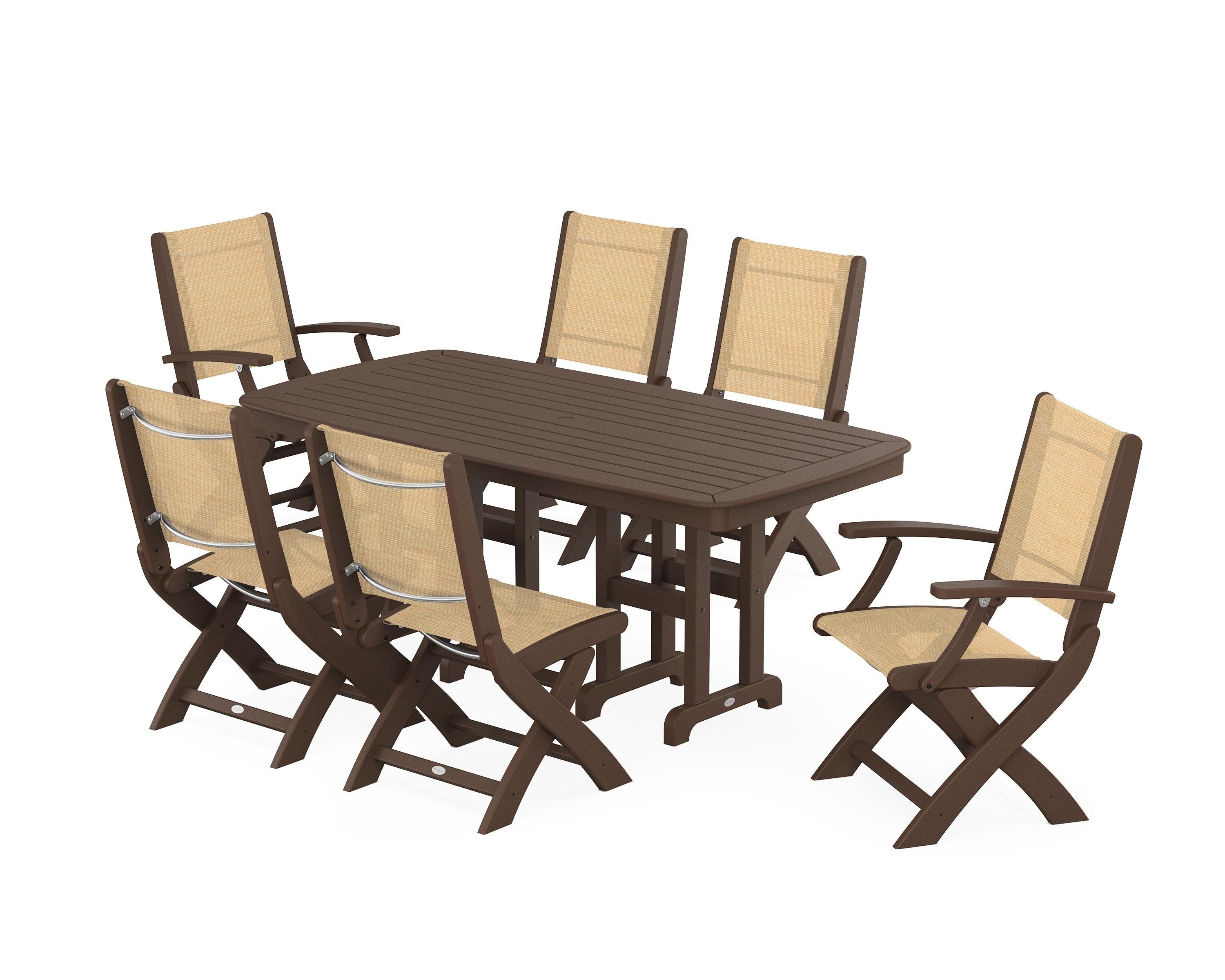 POLYWOOD Coastal Folding Chair 7-Piece Dining Set in Mahogany / Dupioni Apricot Sling