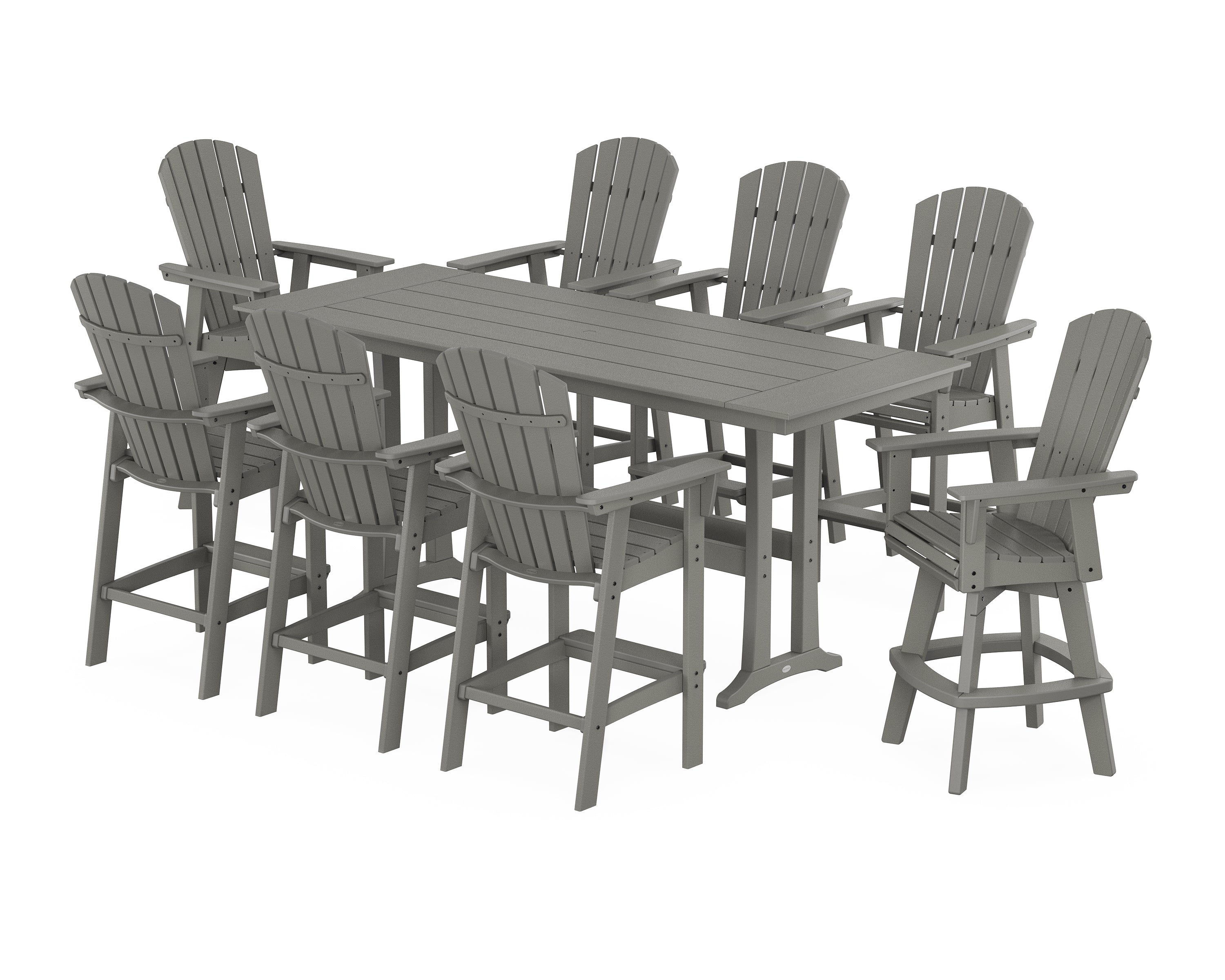 POLYWOOD® Nautical Curveback Adirondack Swivel 9-Piece Farmhouse Swivel Bar Set with Trestle Legs in Slate Grey