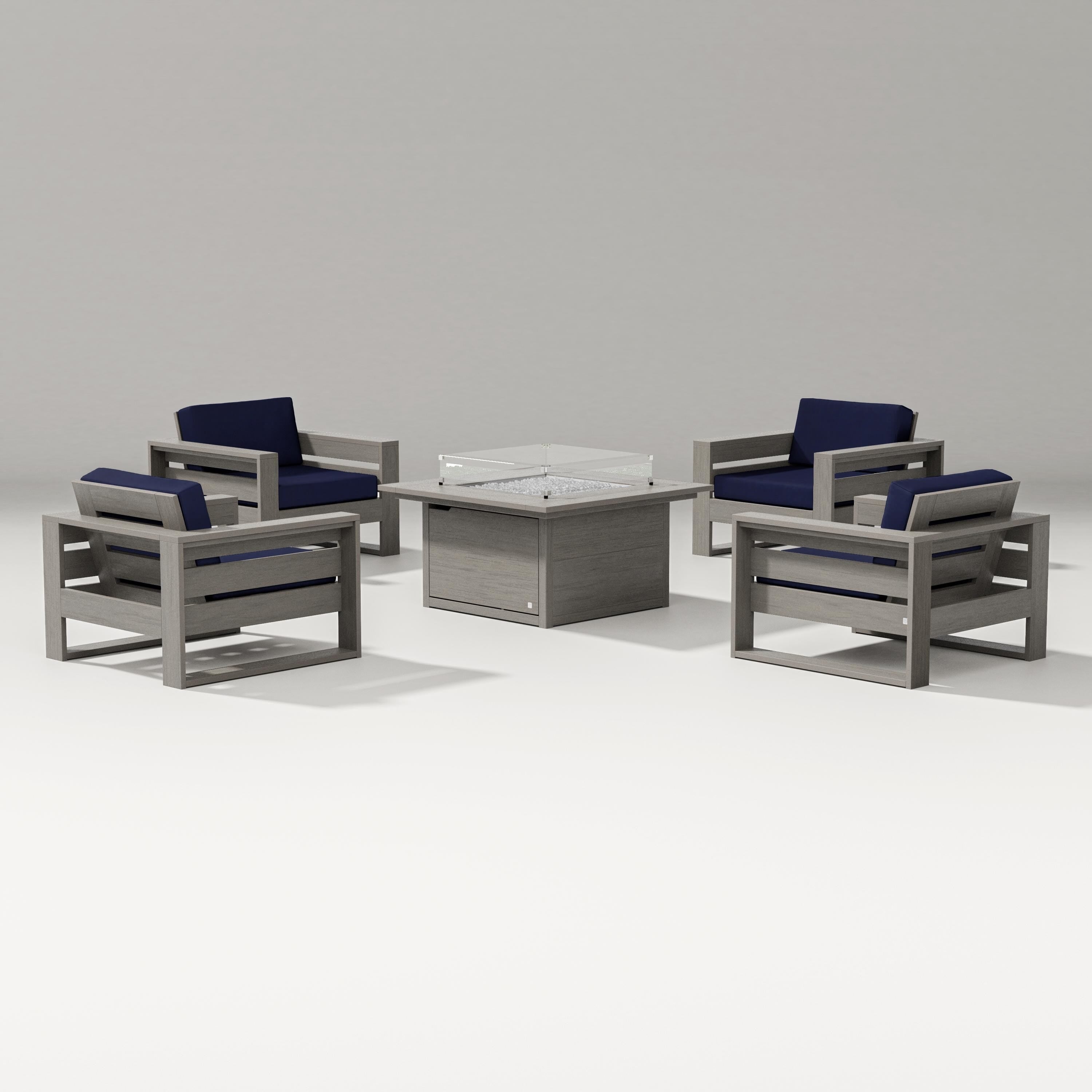 PW Designer Series Latitude 5-Piece Lounge Fire Table Set in Driftwood / Navy