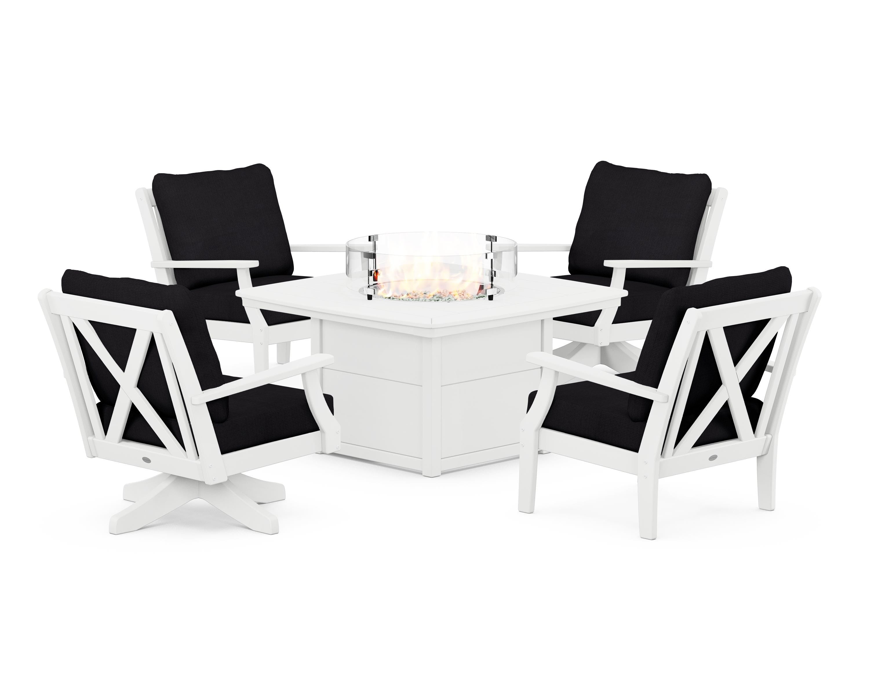 POLYWOOD Braxton 5-Piece Deep Seating Set with Fire Table in White / Midnight Linen