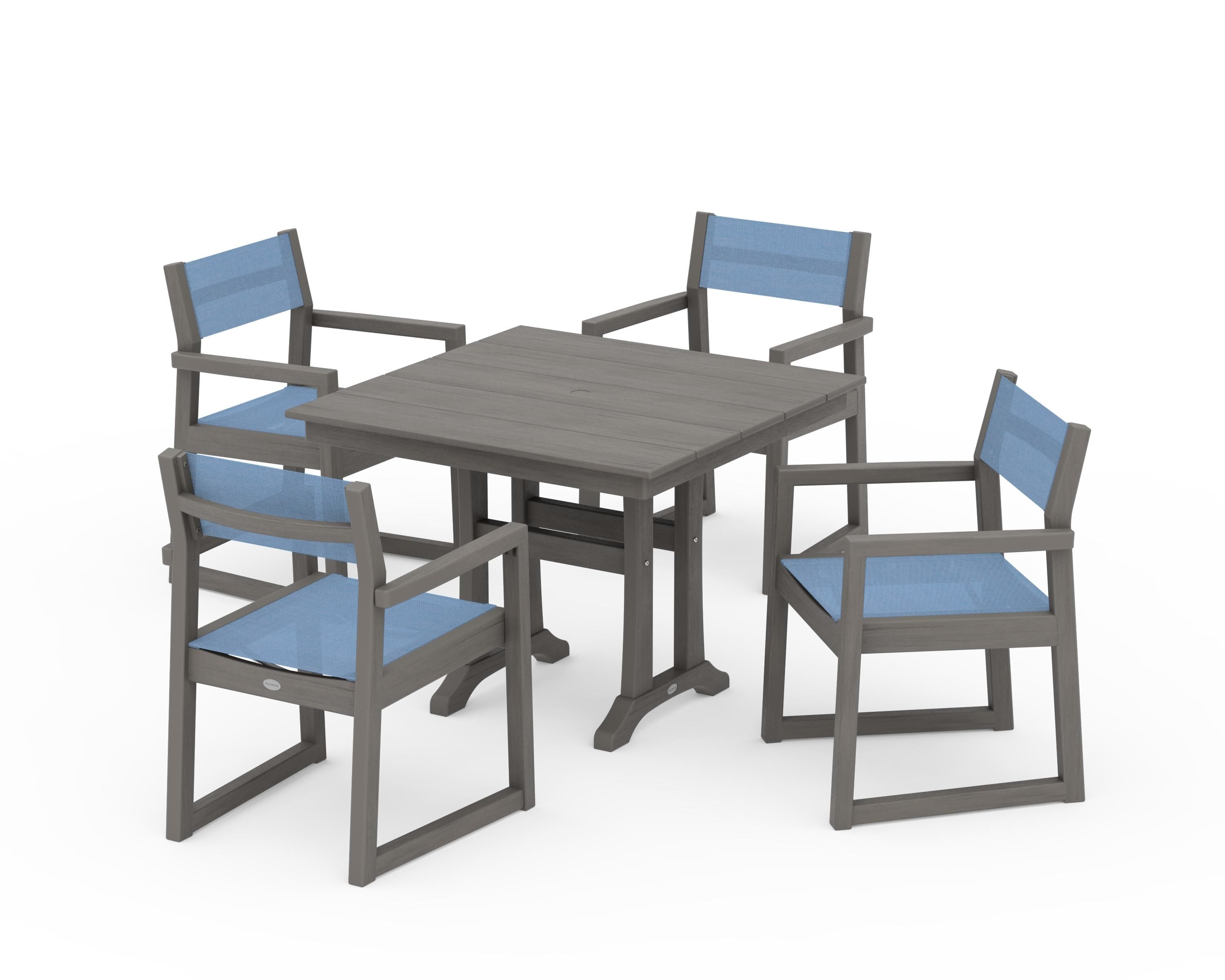 POLYWOOD EDGE Sling 5-Piece Farmhouse Dining Set with Trestle Legs in Driftwood / Poolside Sling