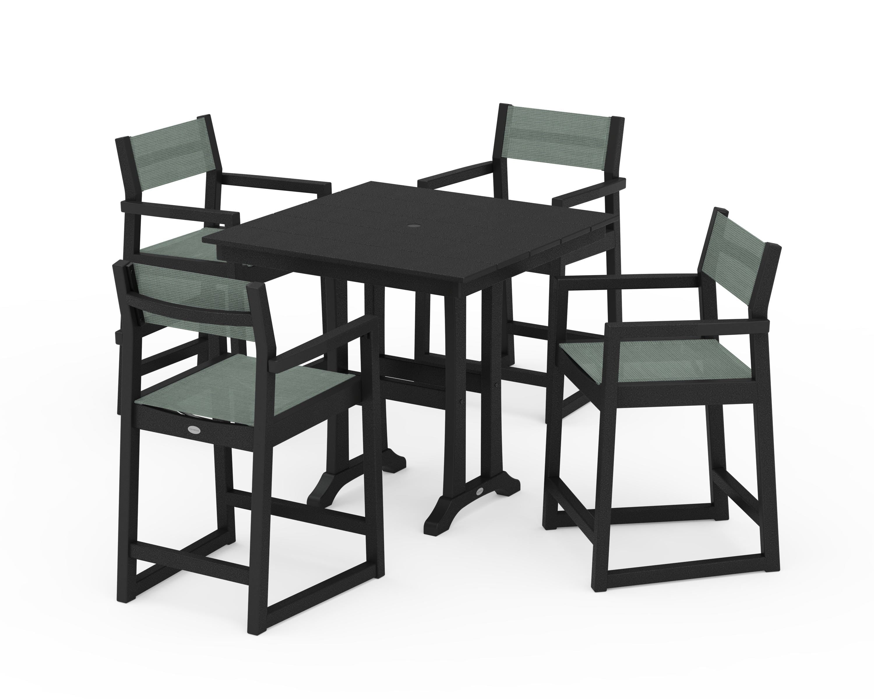 POLYWOOD EDGE Sling Arm Chair 5-Piece Farmhouse Counter Set with Trestle Legs in Black / Dupioni Sea Mist Sling