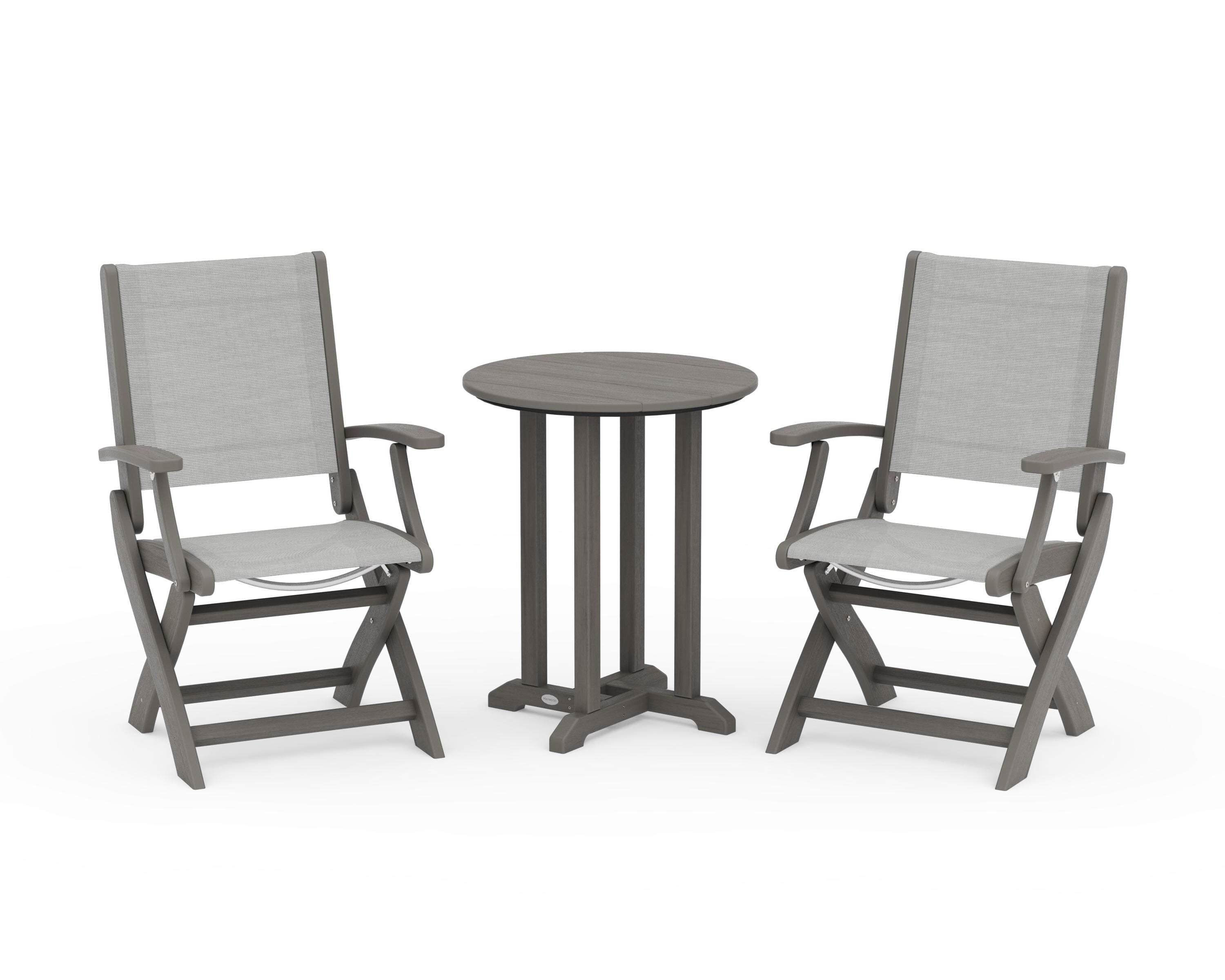 POLYWOOD Coastal Folding 3-Piece Round Bistro Dining Set in Driftwood / Metallic Sling