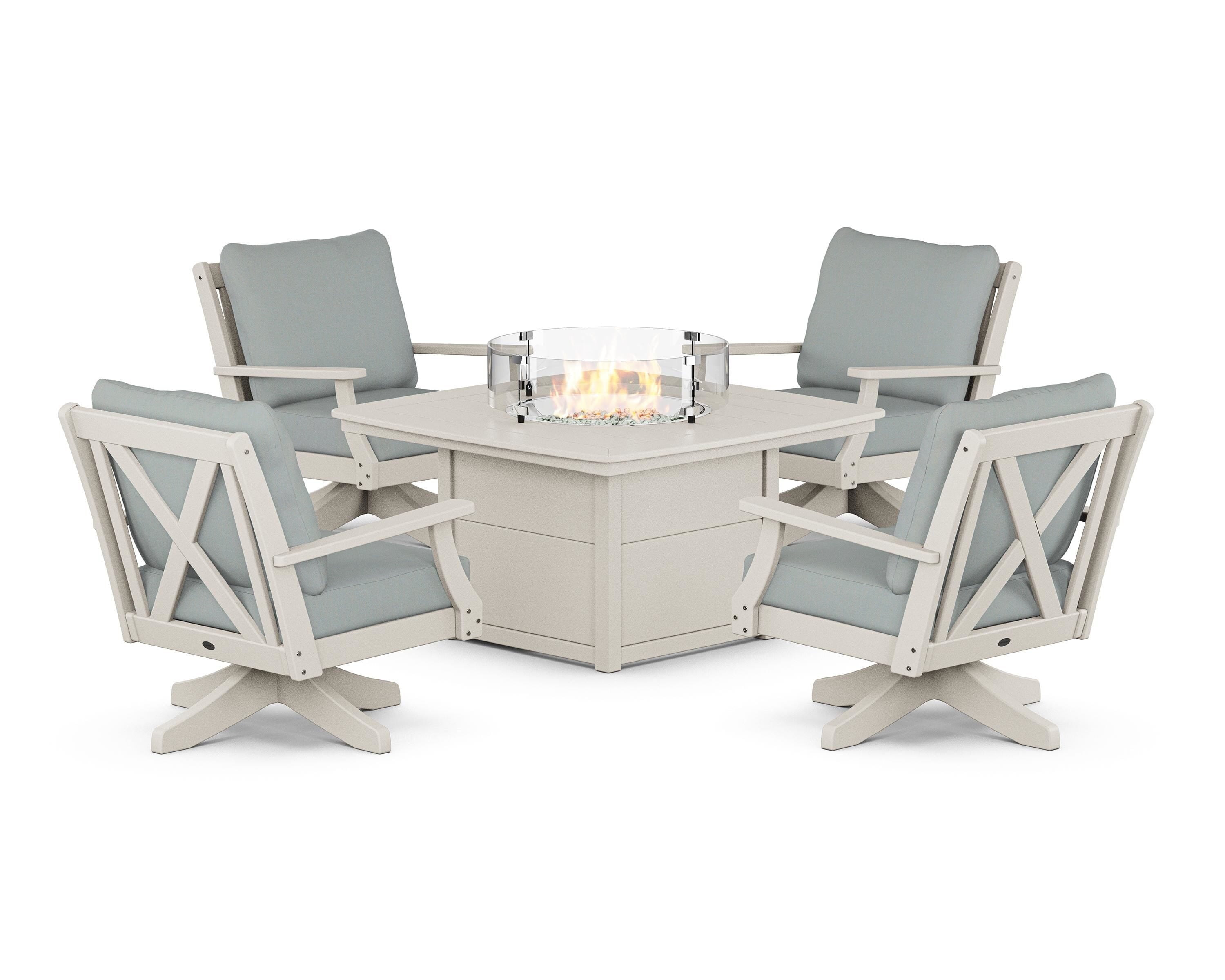 POLYWOOD Braxton 5-Piece Deep Seating Swivel Conversation Set with Fire Pit Table in Sand / Spa