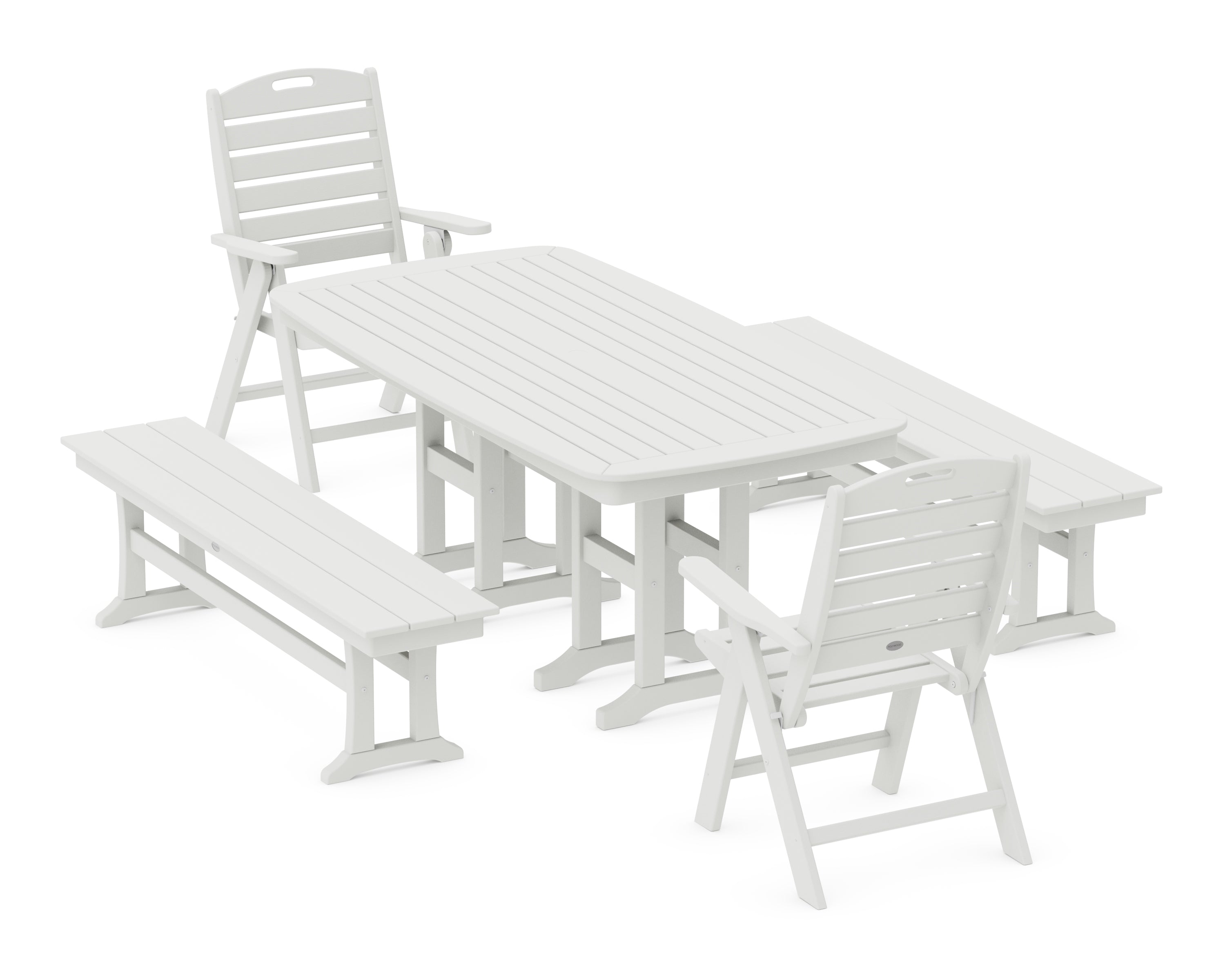 POLYWOOD Nautical Highback 5-Piece Dining Set with Benches in Vintage White