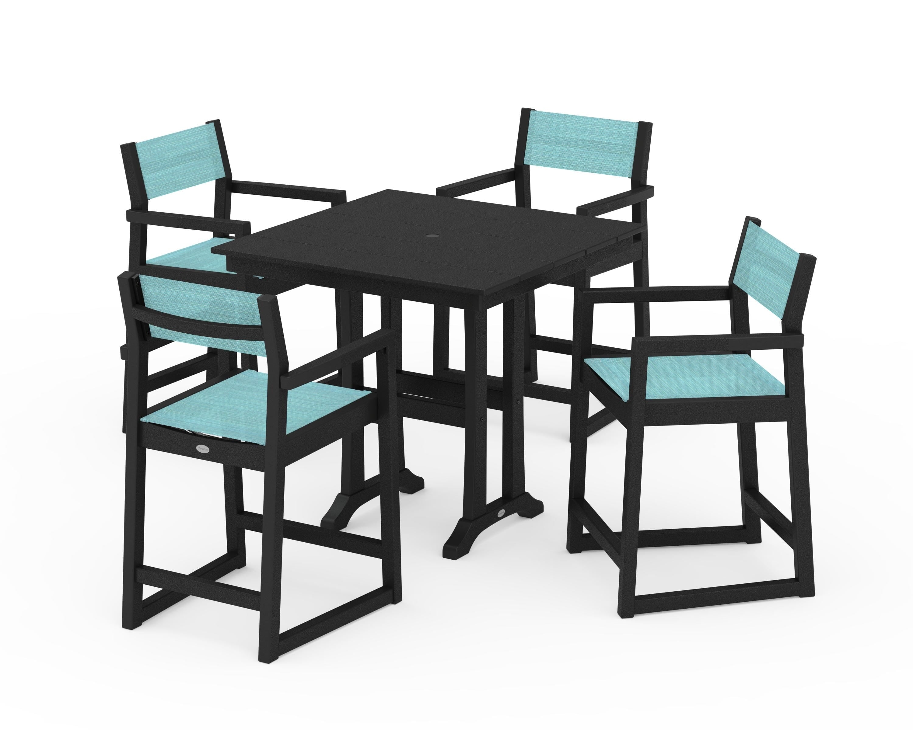 POLYWOOD EDGE Sling Arm Chair 5-Piece Farmhouse Counter Set with Trestle Legs in Black / Dupioni Aquamarine Sling