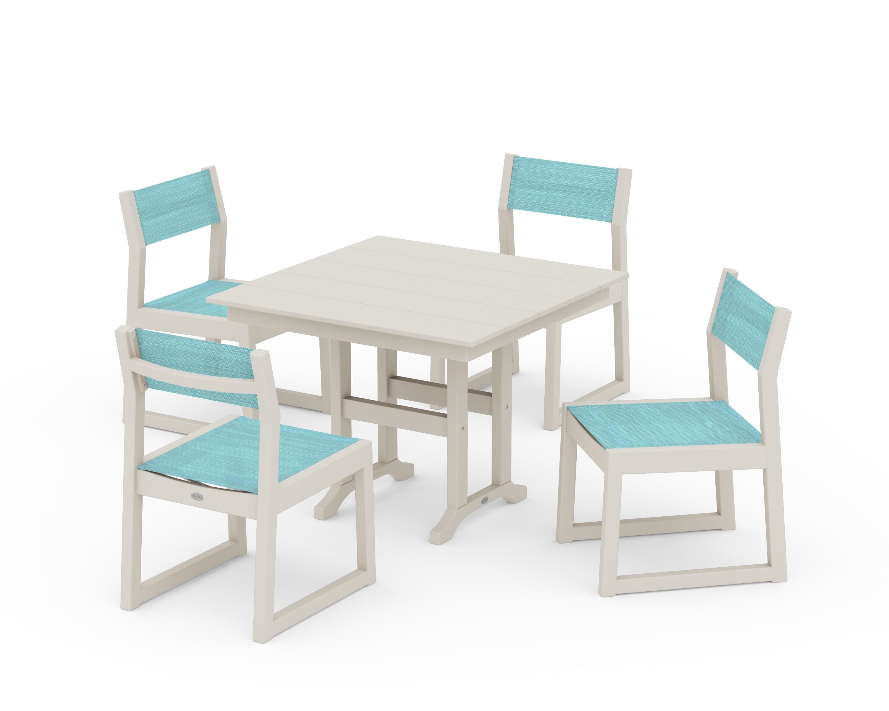 POLYWOOD EDGE Sling Side Chair 5-Piece Farmhouse Dining Set in Sand / Dupioni Aquamarine Sling