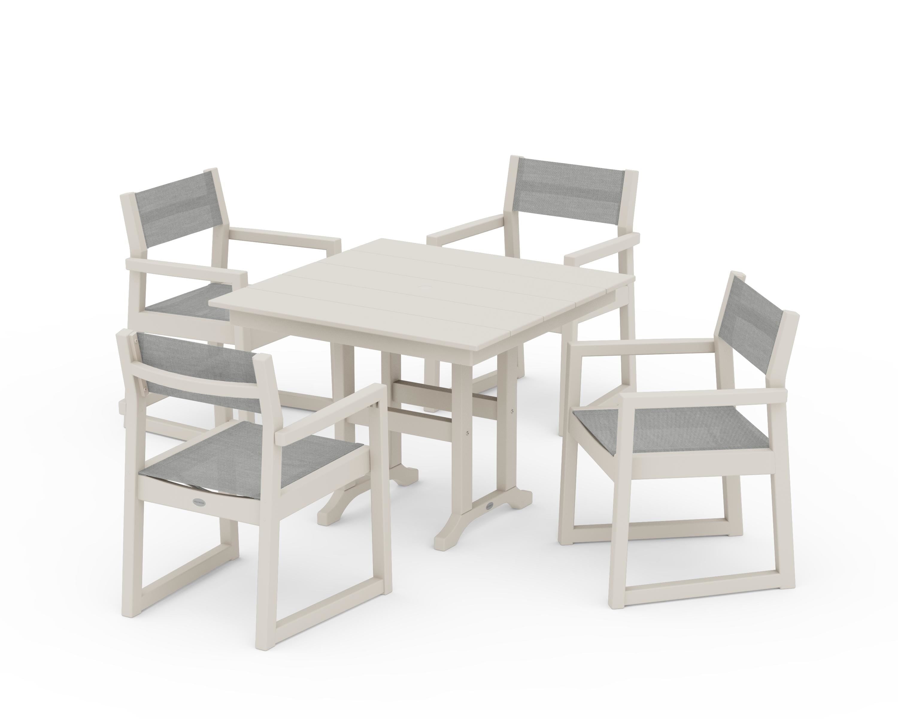 POLYWOOD EDGE Sling Arm Chair 5-Piece Farmhouse Dining Set in Sand / Metallic Sling