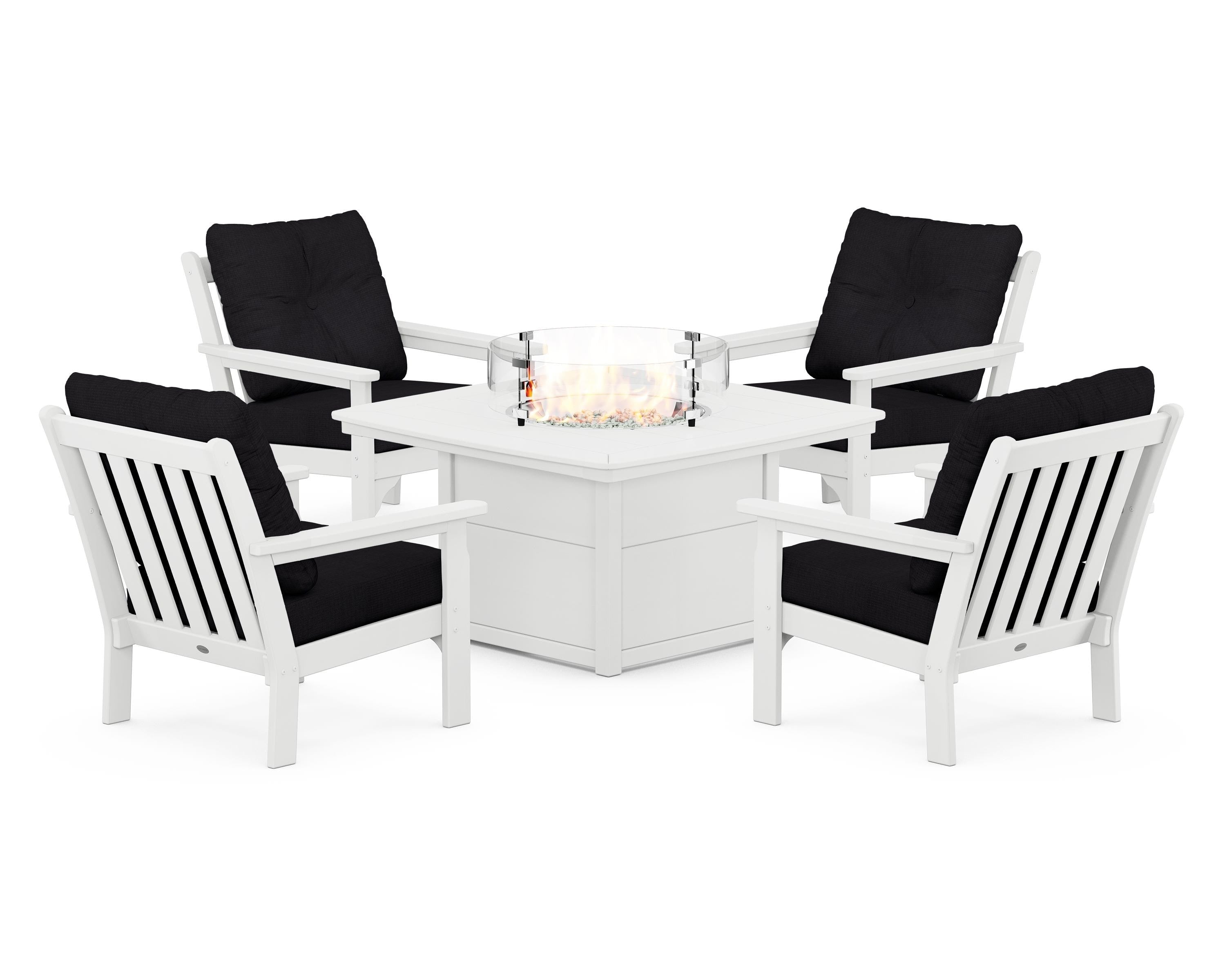 POLYWOOD Vineyard 5-Piece Conversation Set with Fire Pit Table in White / Midnight Linen
