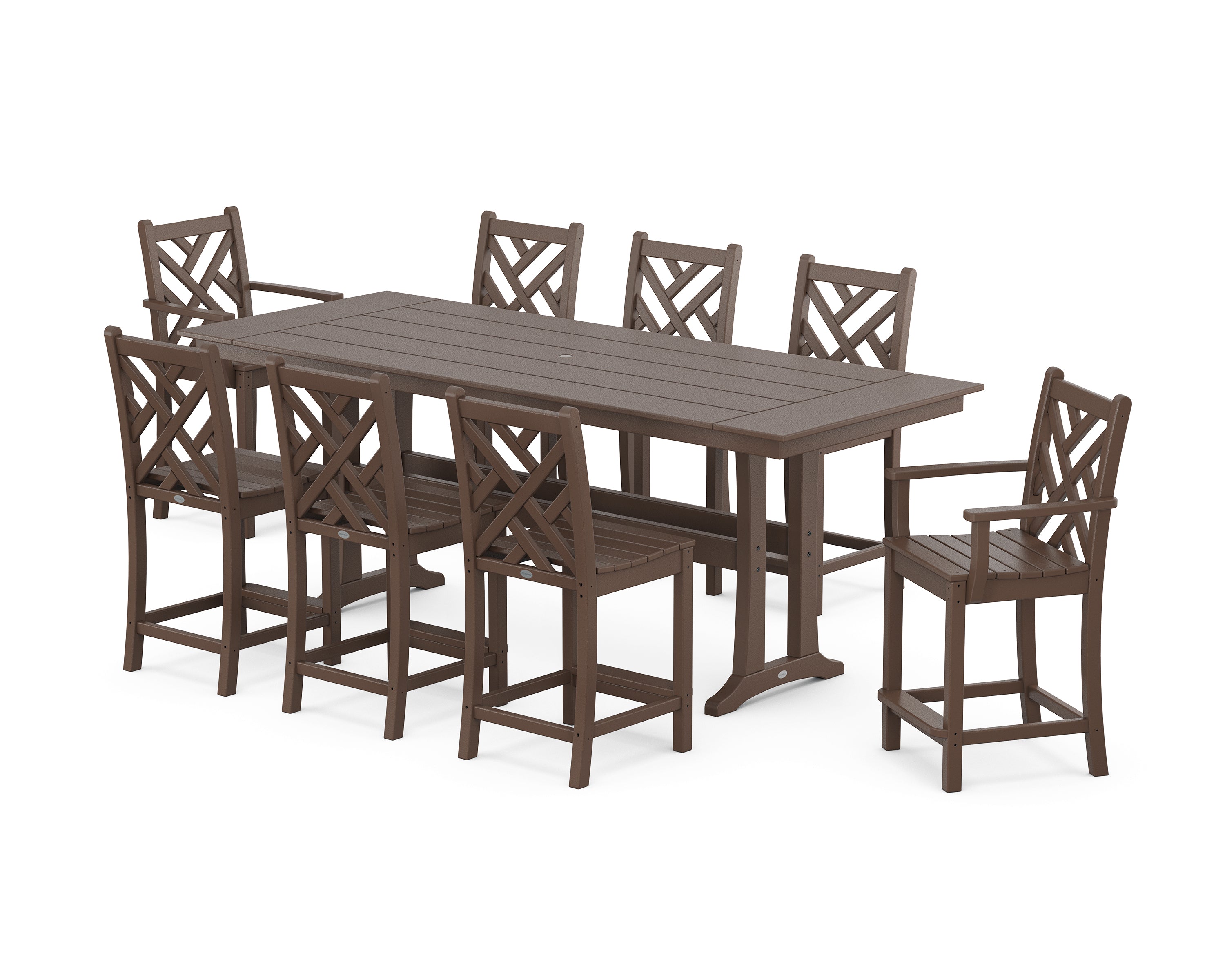 POLYWOOD Chippendale 9-Piece Farmhouse Counter Set with Trestle Legs in Mahogany
