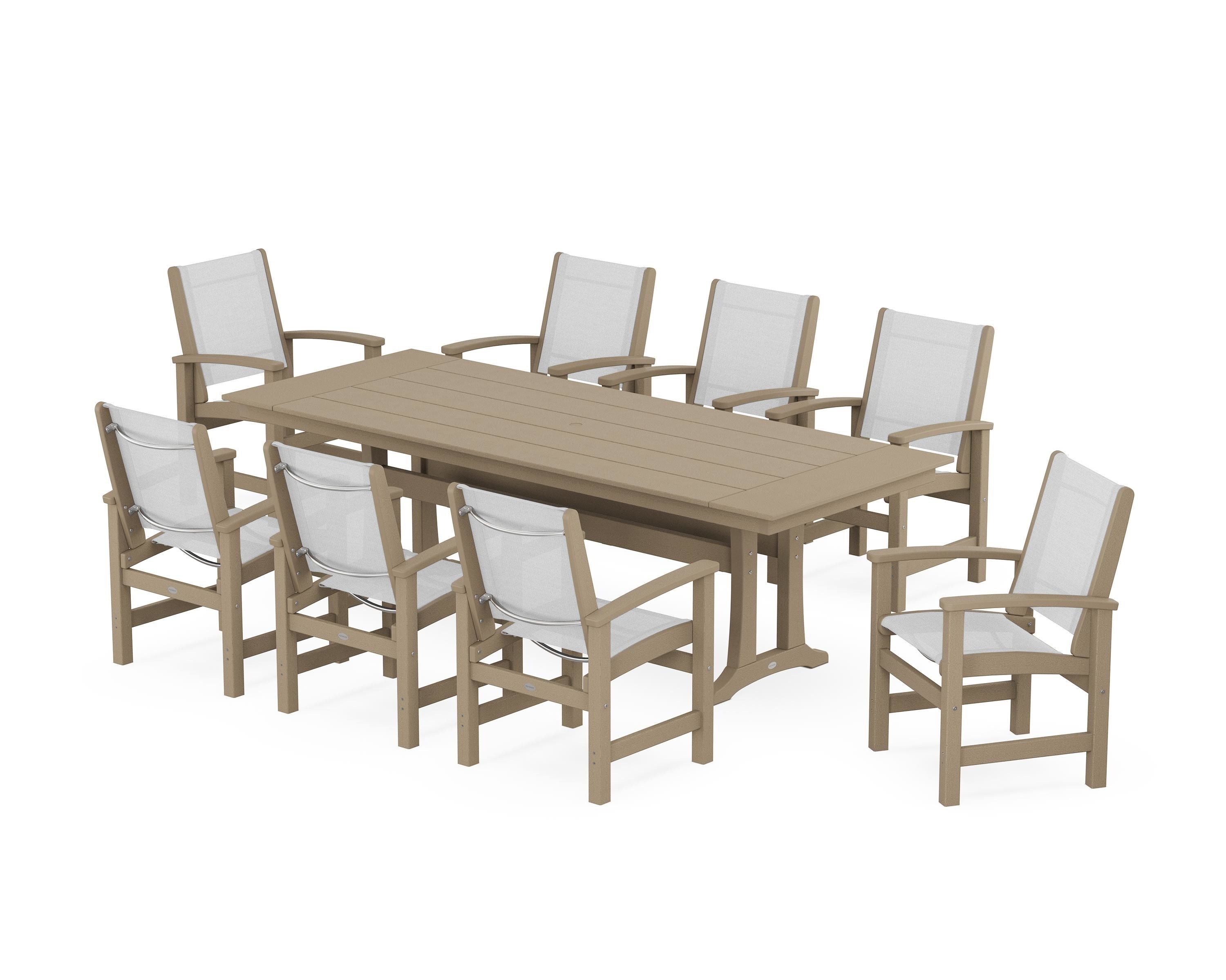 POLYWOOD Coastal 9-Piece Farmhouse Dining Set with Trestle Legs in Vintage Sahara / White Sling