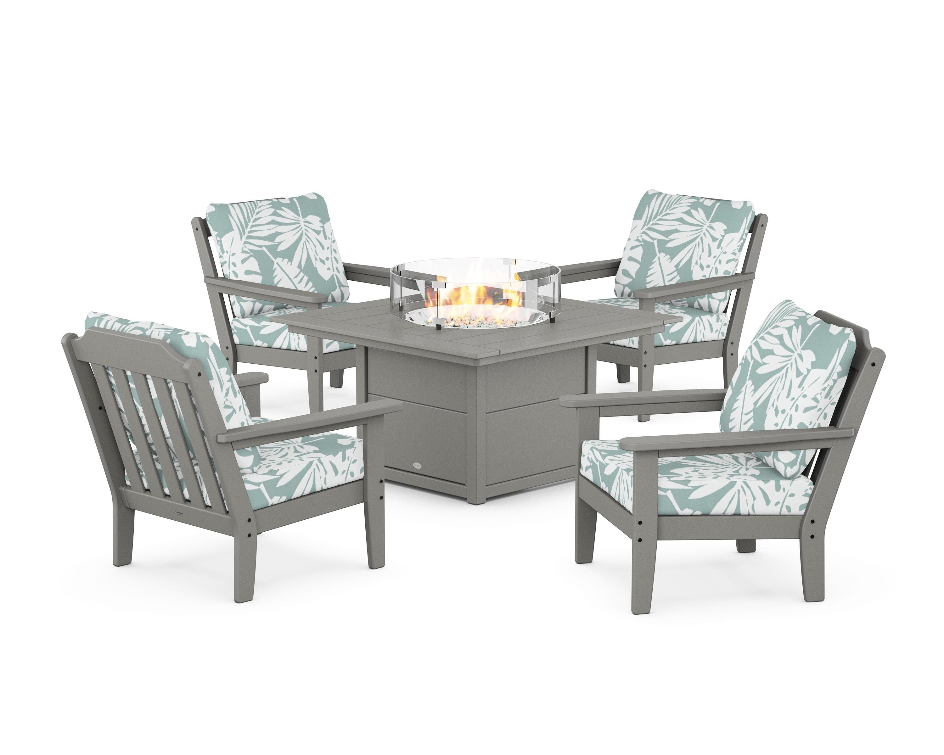 Country Living Cottage 5-Piece Deep Seating Set with Fire Pit Table in Slate Grey / Leaf Glacier Spa