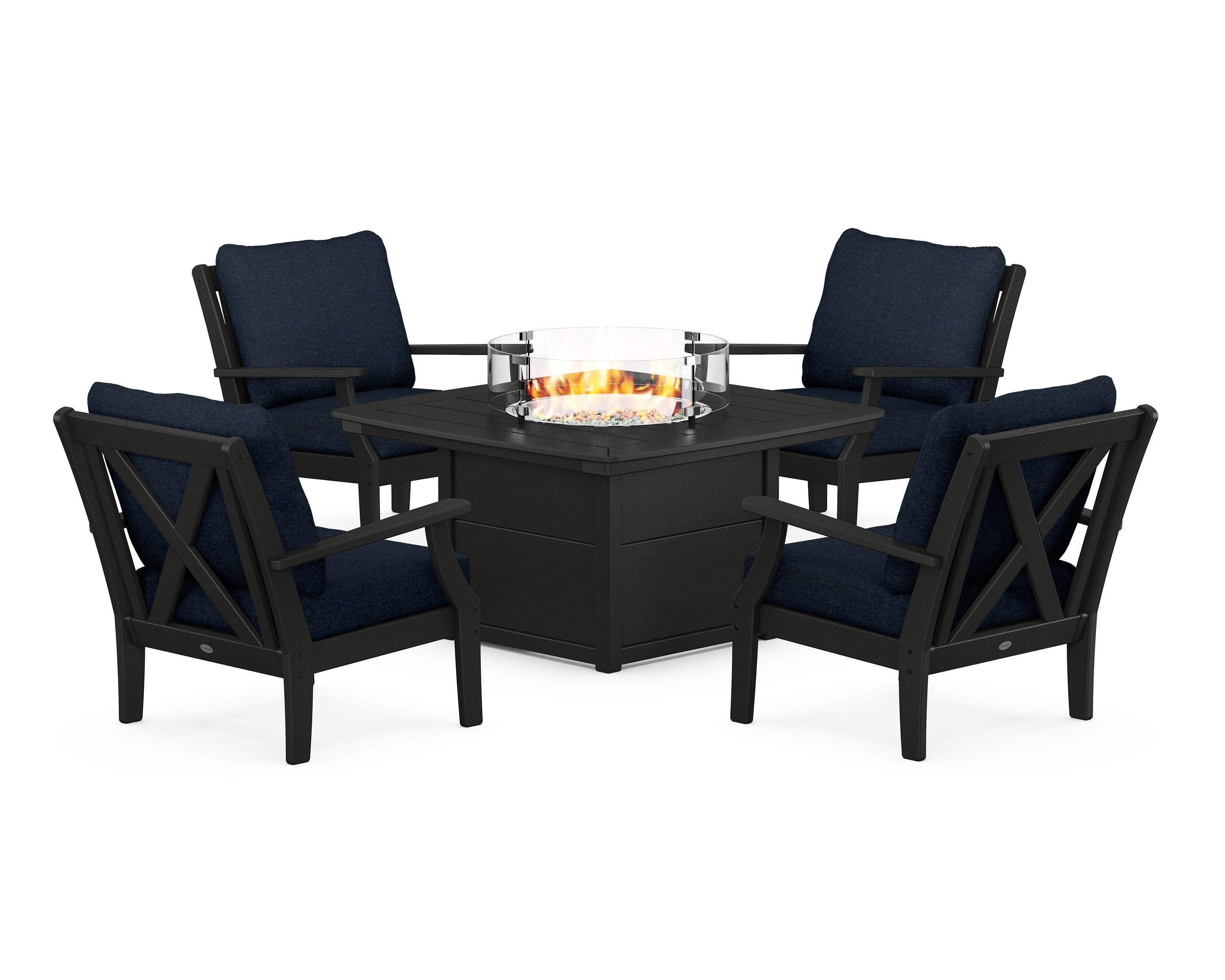 POLYWOOD Braxton 5-Piece Deep Seating Conversation Set with Fire Pit Table in Black / Marine Indigo