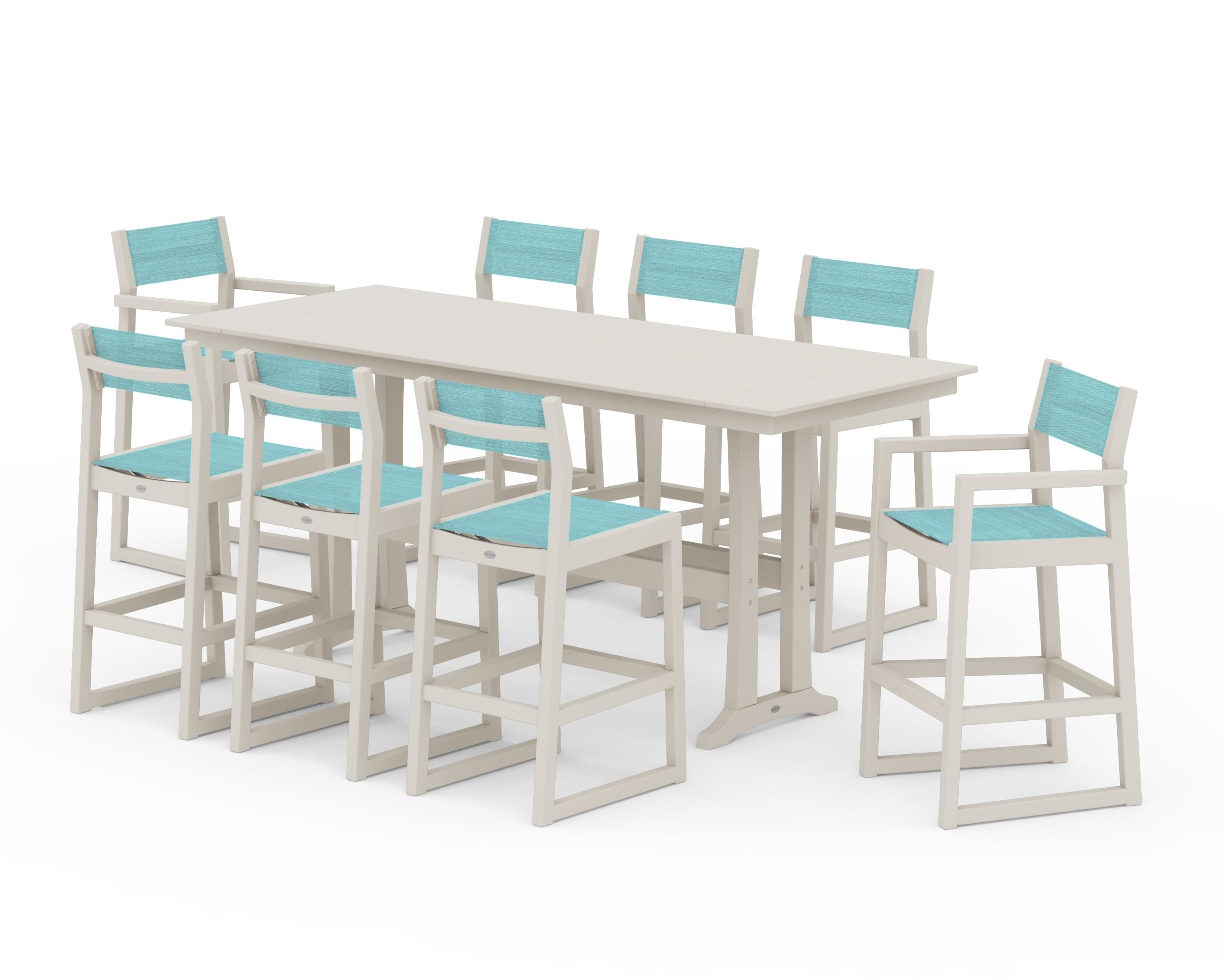 POLYWOOD EDGE Sling 9-Piece Farmhouse Bar Set with Trestle Legs in Sand / Dupioni Aquamarine Sling