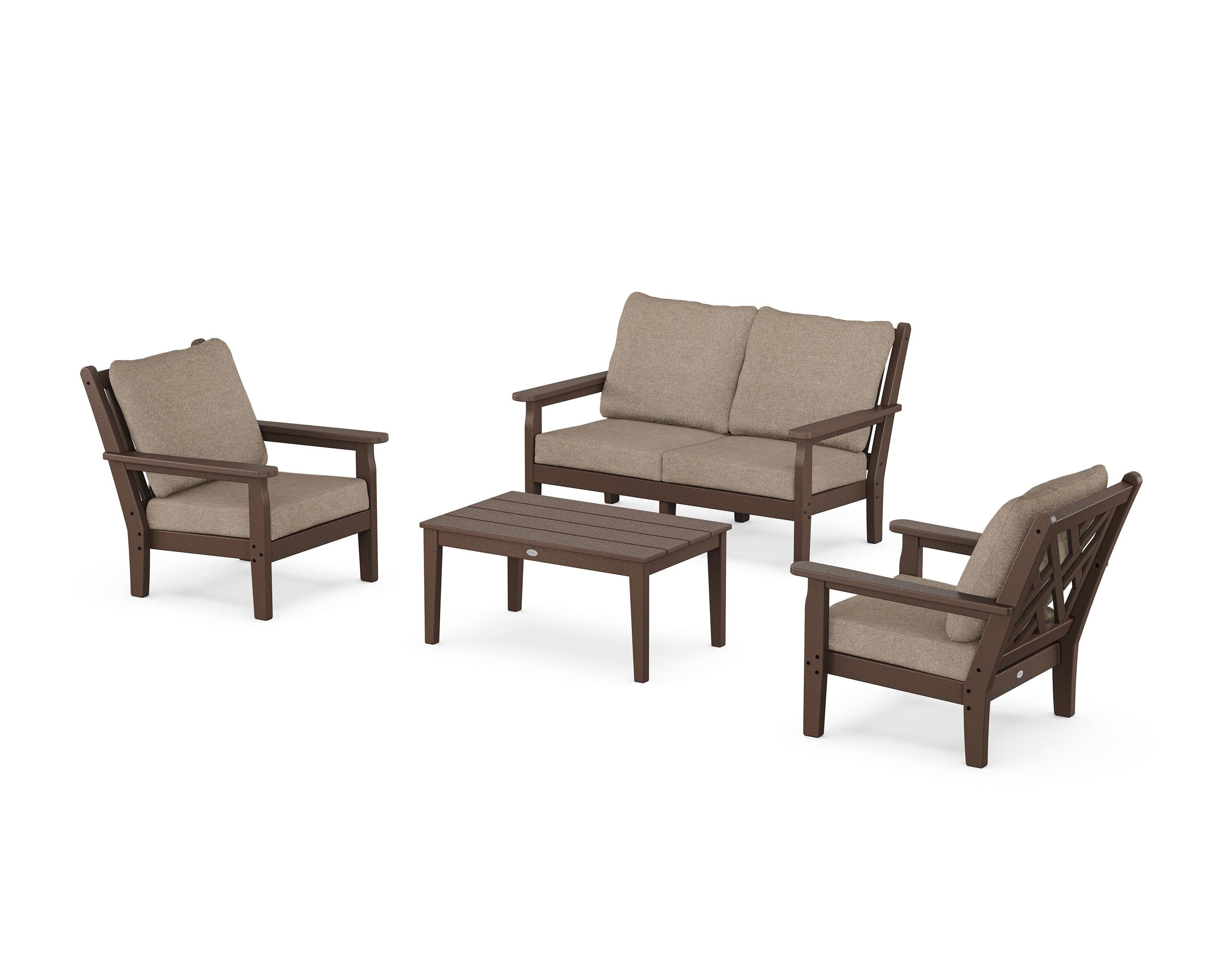 POLYWOOD Chippendale 4-Piece Deep Seating Set with Loveseat in Mahogany / Spiced Burlap