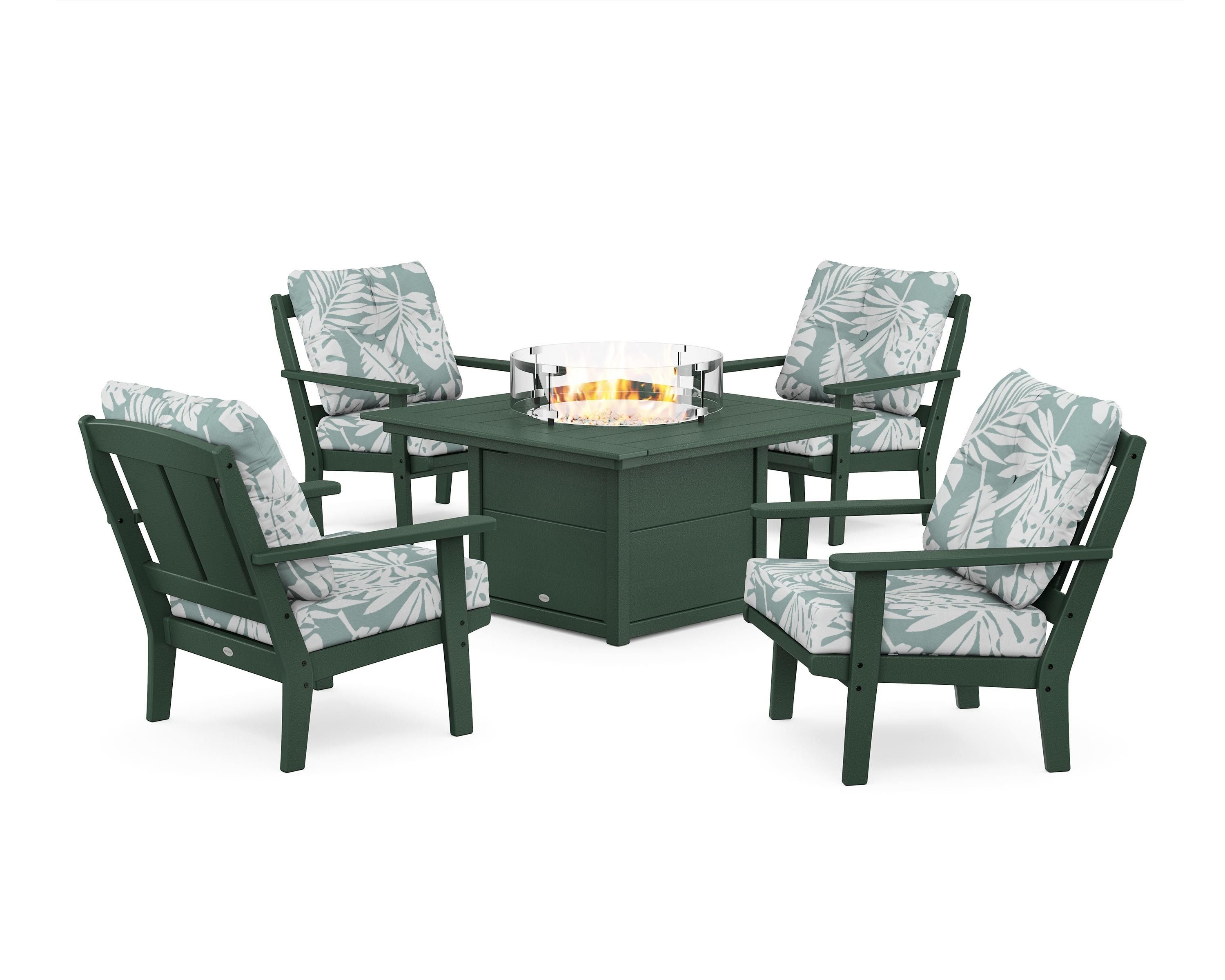 POLYWOOD Mission 5-Piece Deep Seating Set with Fire Pit Table in Green / Leaf Glacier Spa