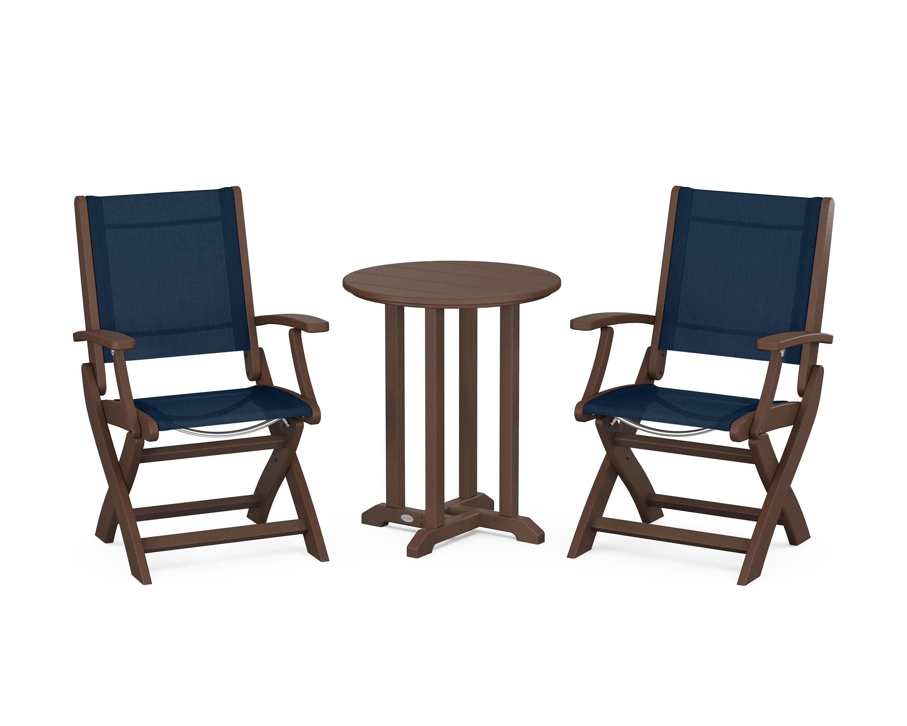 POLYWOOD Coastal Folding 3-Piece Round Bistro Dining Set in Mahogany / Navy Blue Sling