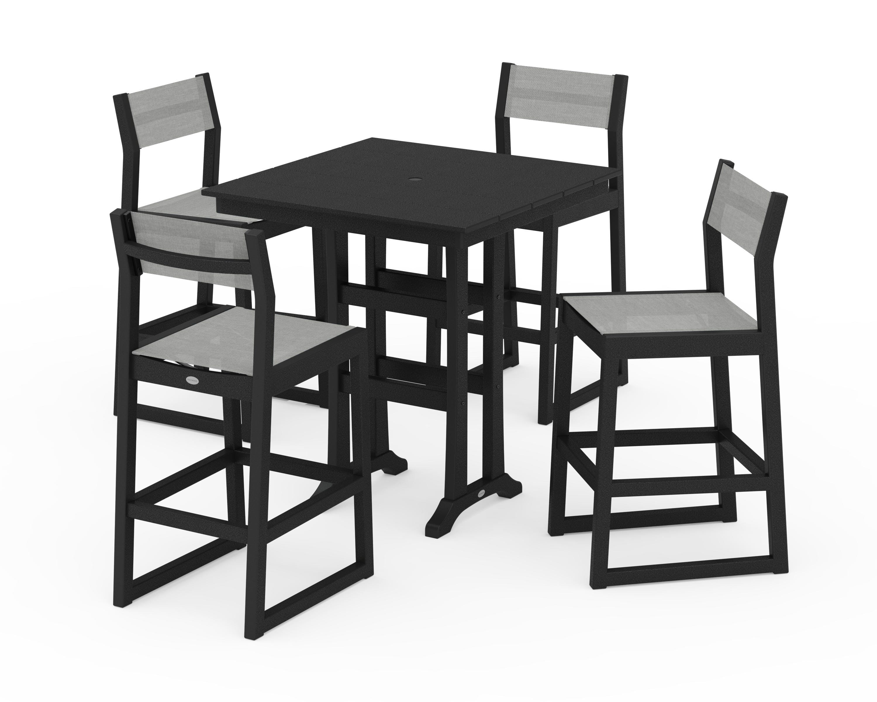 POLYWOOD EDGE Sling Arm Chair 5-Piece Farmhouse Bar Set with Trestle Legs in Black / Metallic Sling