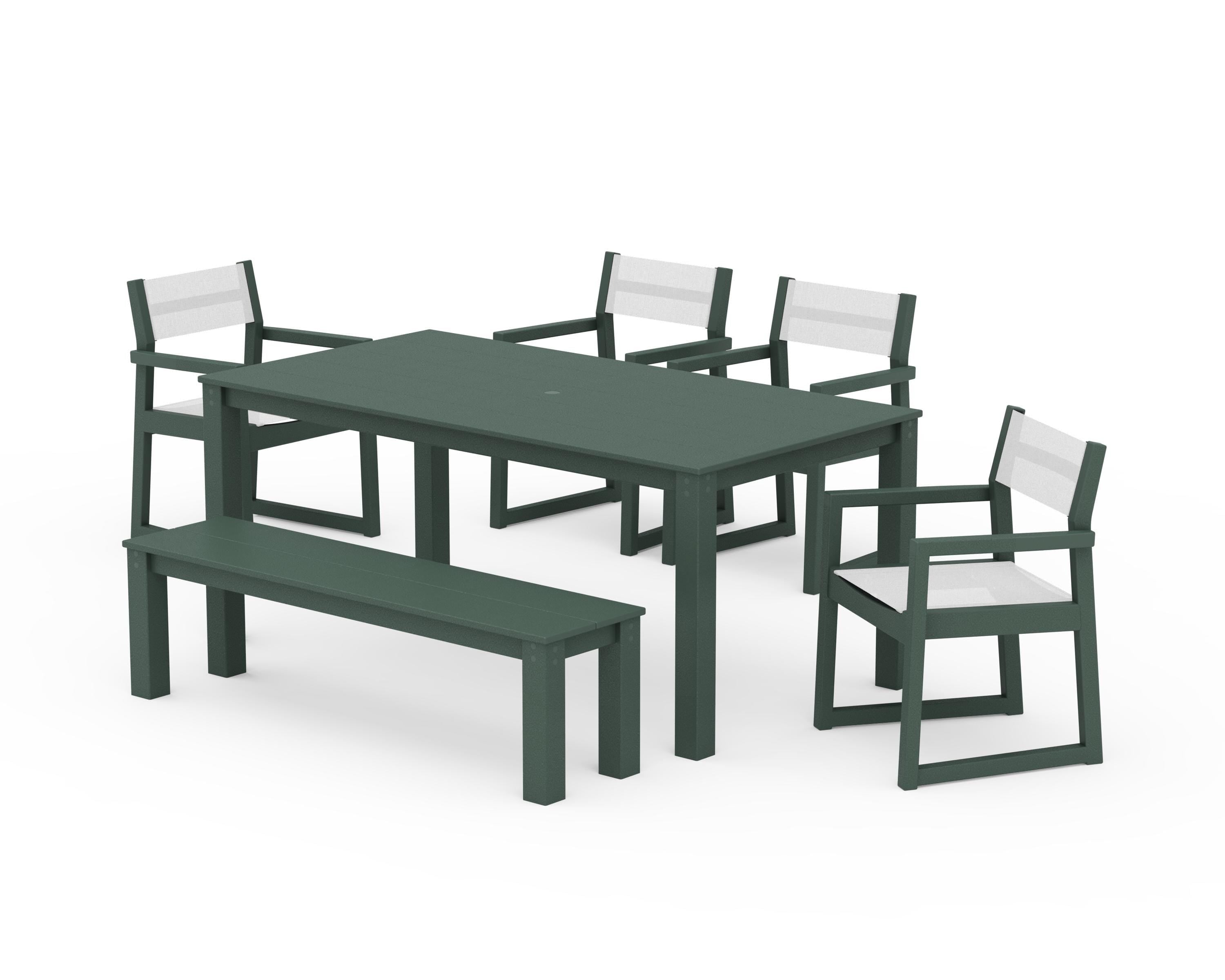 POLYWOOD EDGE Sling Arm Chair 6-Piece Parsons Dining Set with Bench in Green / White Sling