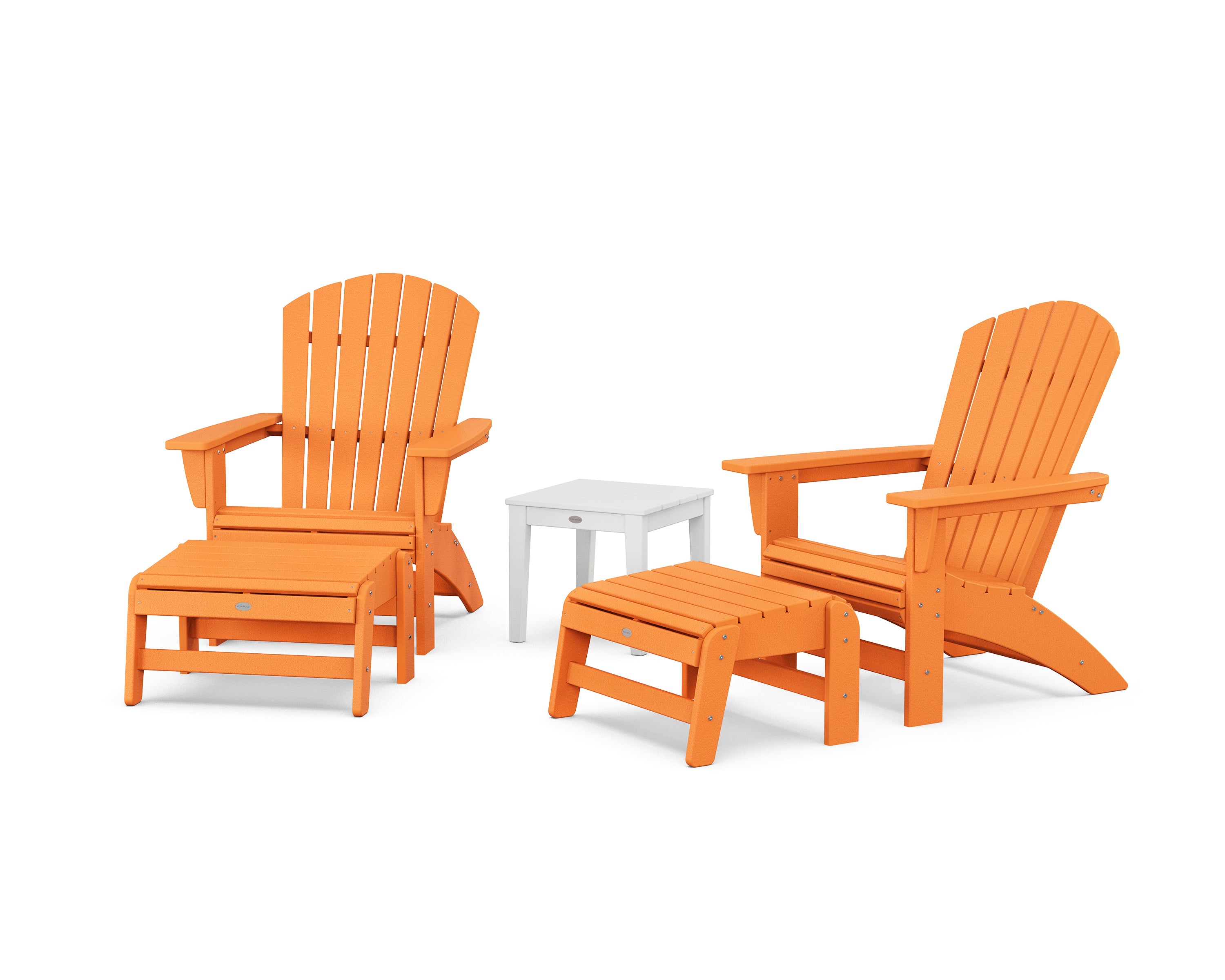 POLYWOOD 5-Piece Nautical Grand Adirondack Set with Ottomans and Side Table in Tangerine / White