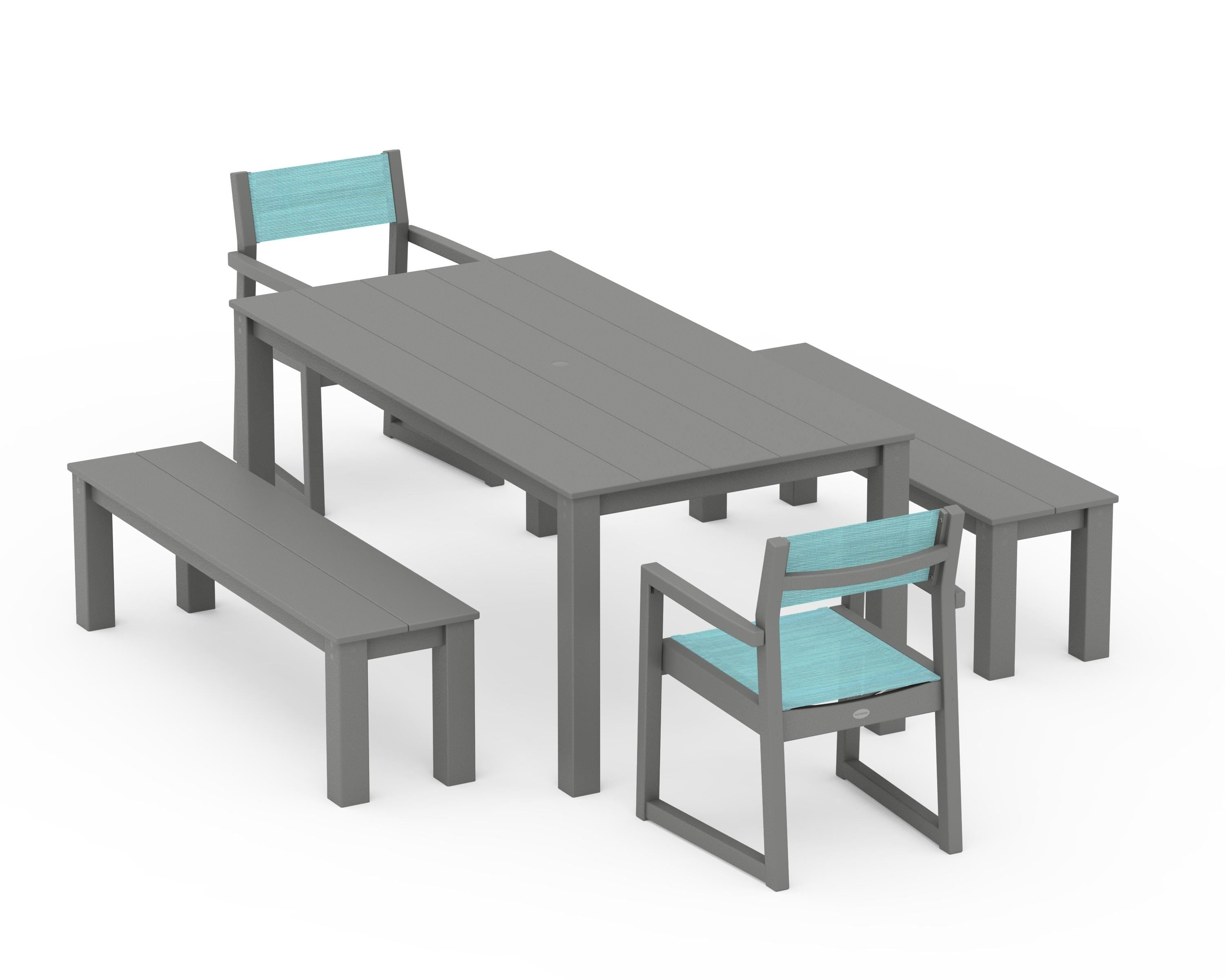 POLYWOOD EDGE Sling Arm Chair 5-Piece Parsons Dining Set with Benches in Slate Grey / Dupioni Aquamarine Sling