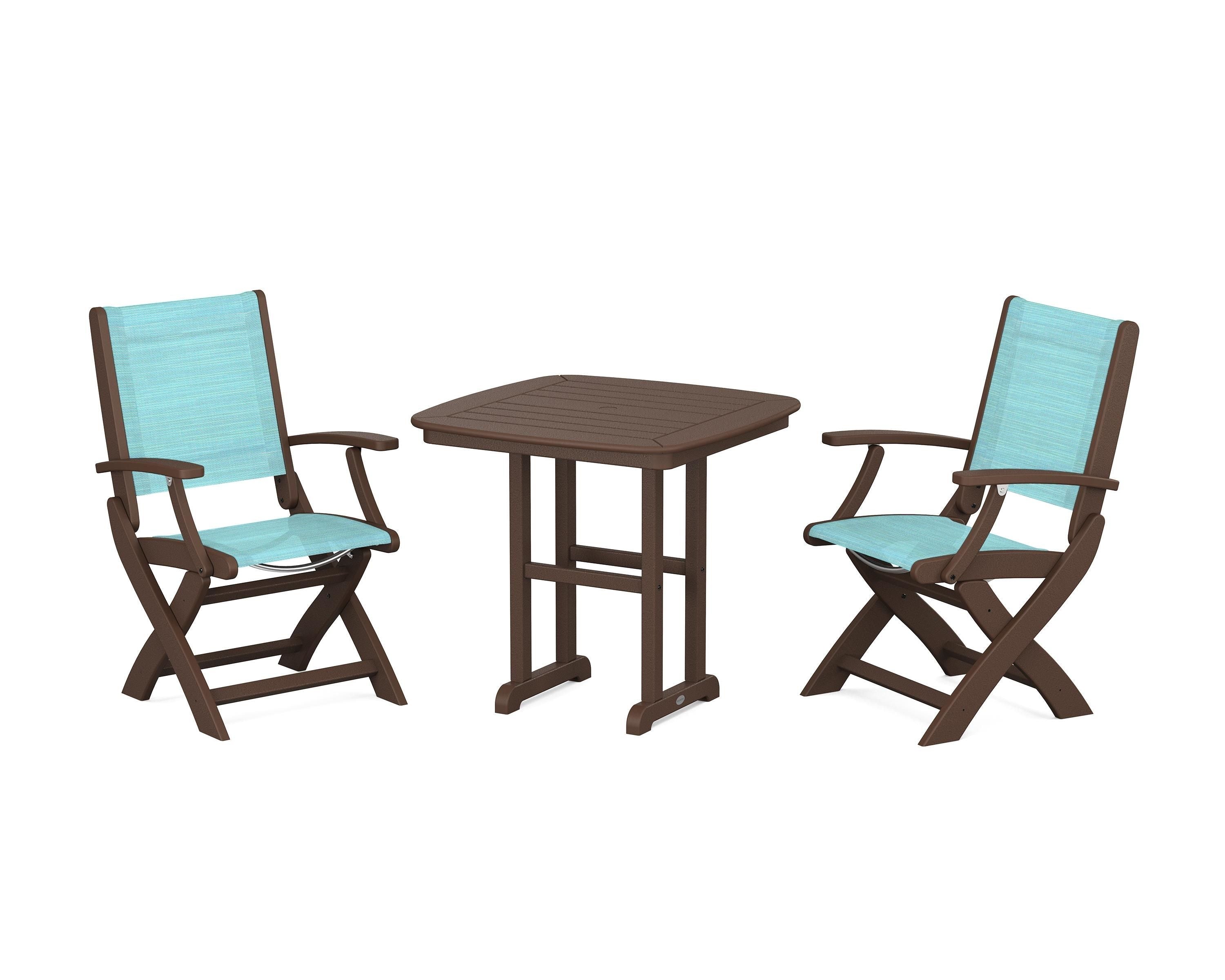 POLYWOOD Coastal Folding Chair 3-Piece Dining Set in Mahogany / Dupioni Aquamarine Sling