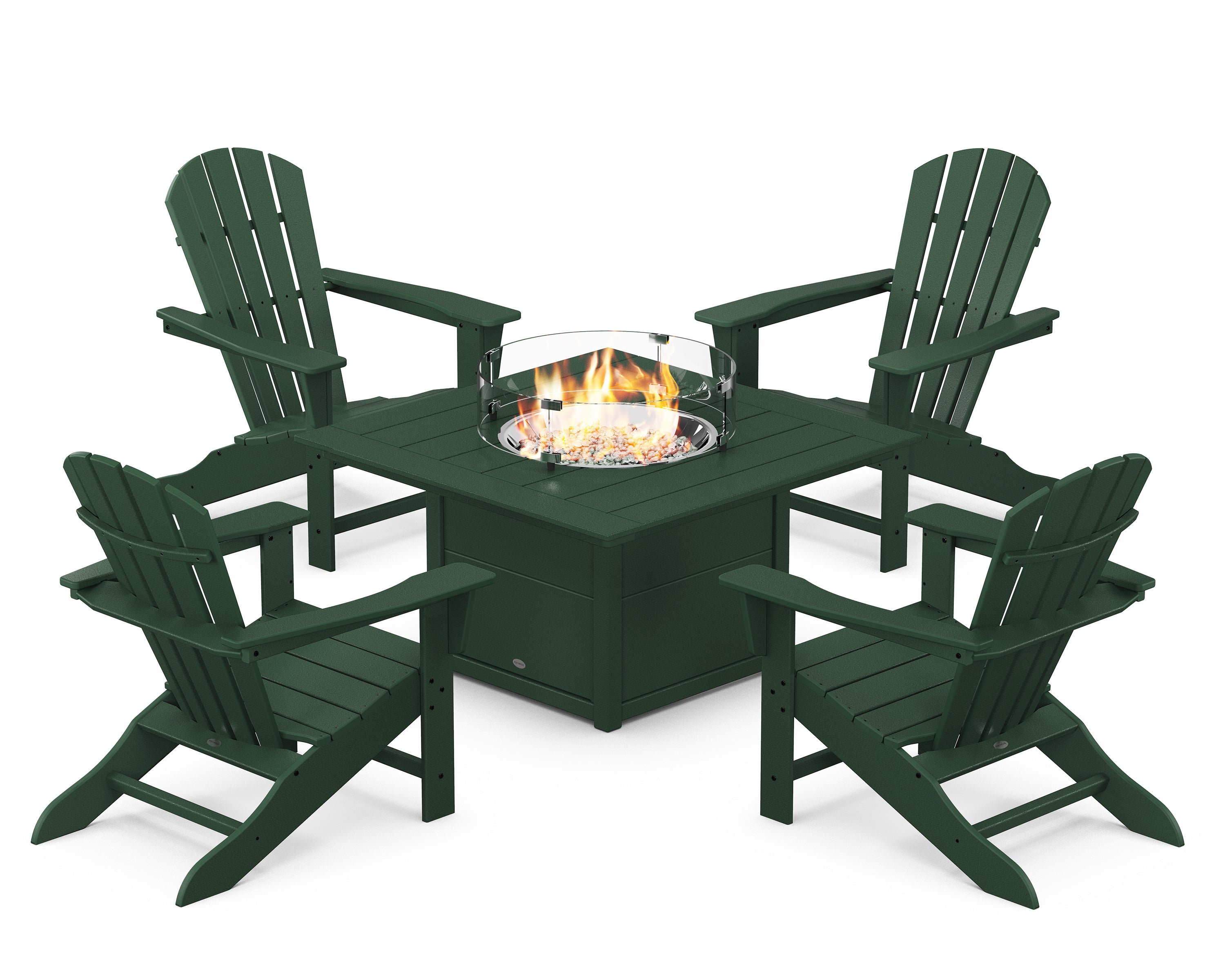 POLYWOOD Palm Coast 5-Piece Adirondack Chair Conversation Set with Fire Pit Table in Green