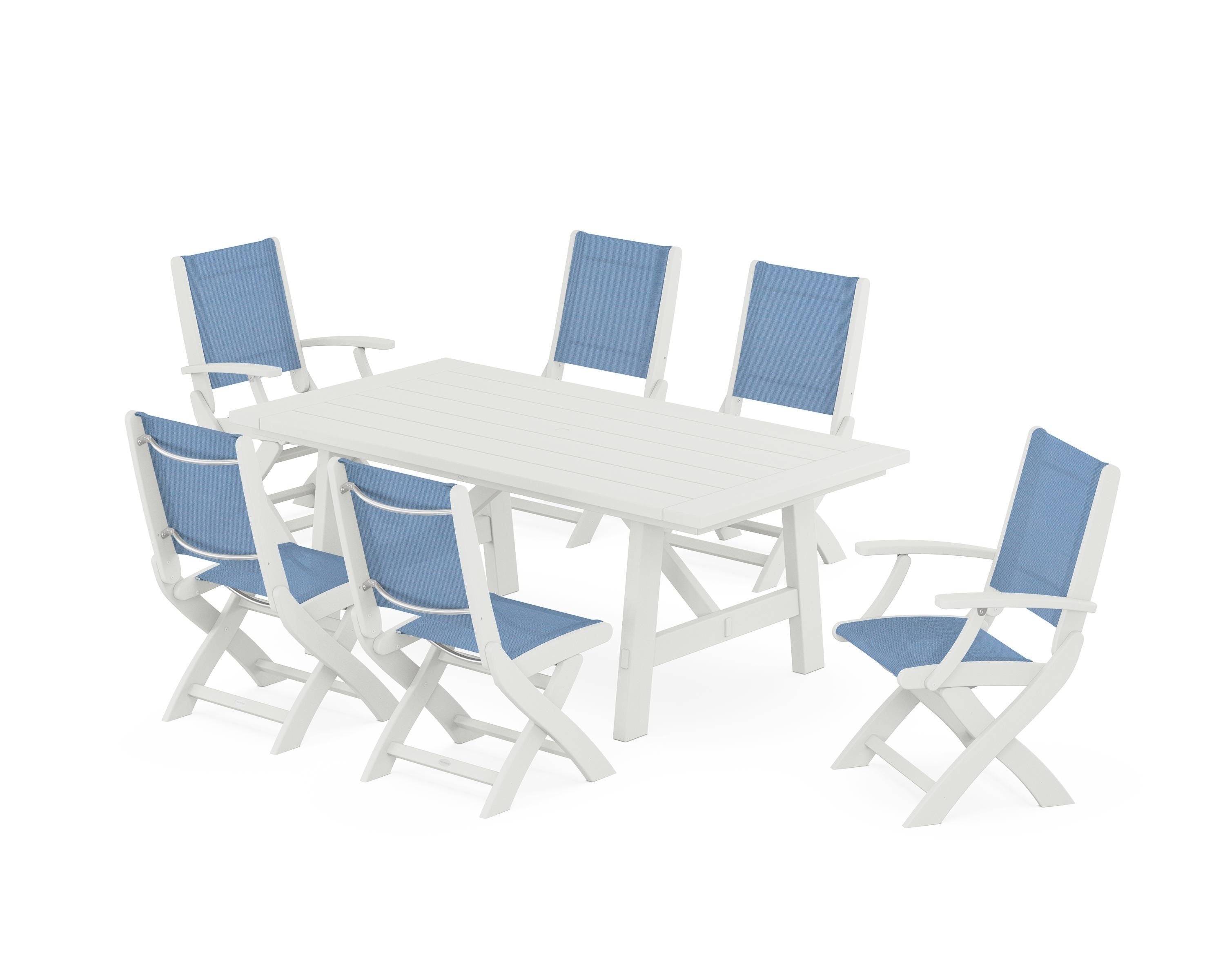 POLYWOOD Coastal Folding Chair 7-Piece Rustic Farmhouse Dining Set in Vintage White / Poolside Sling
